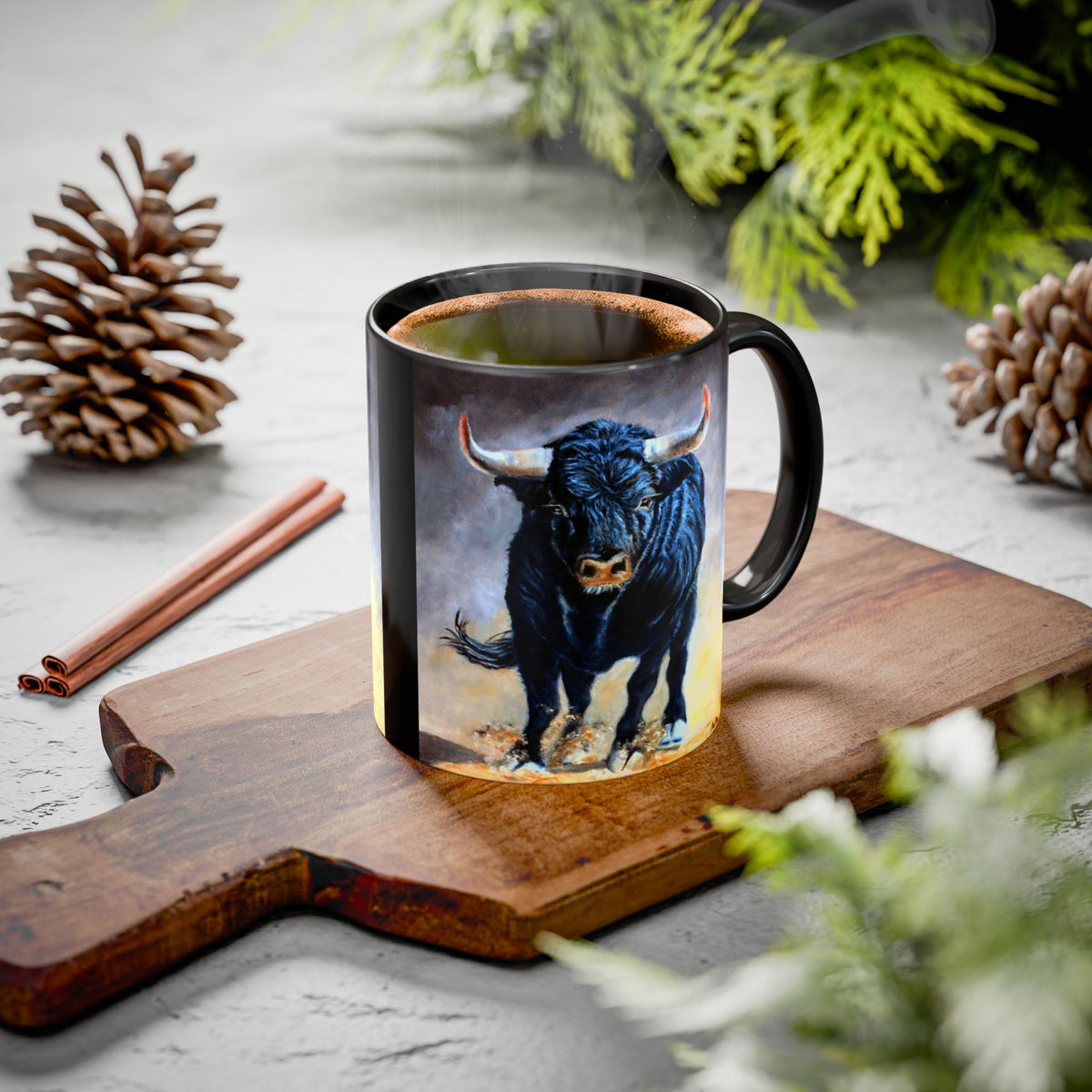 11 oz Black mug with a bull design on either side 
