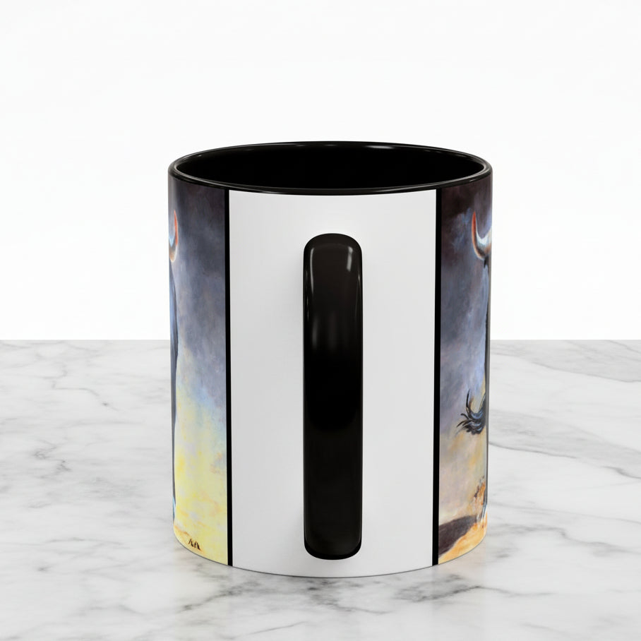 11 oz Coffee Mug with a bull design on sides and large C Handle in black accent and interior black accent