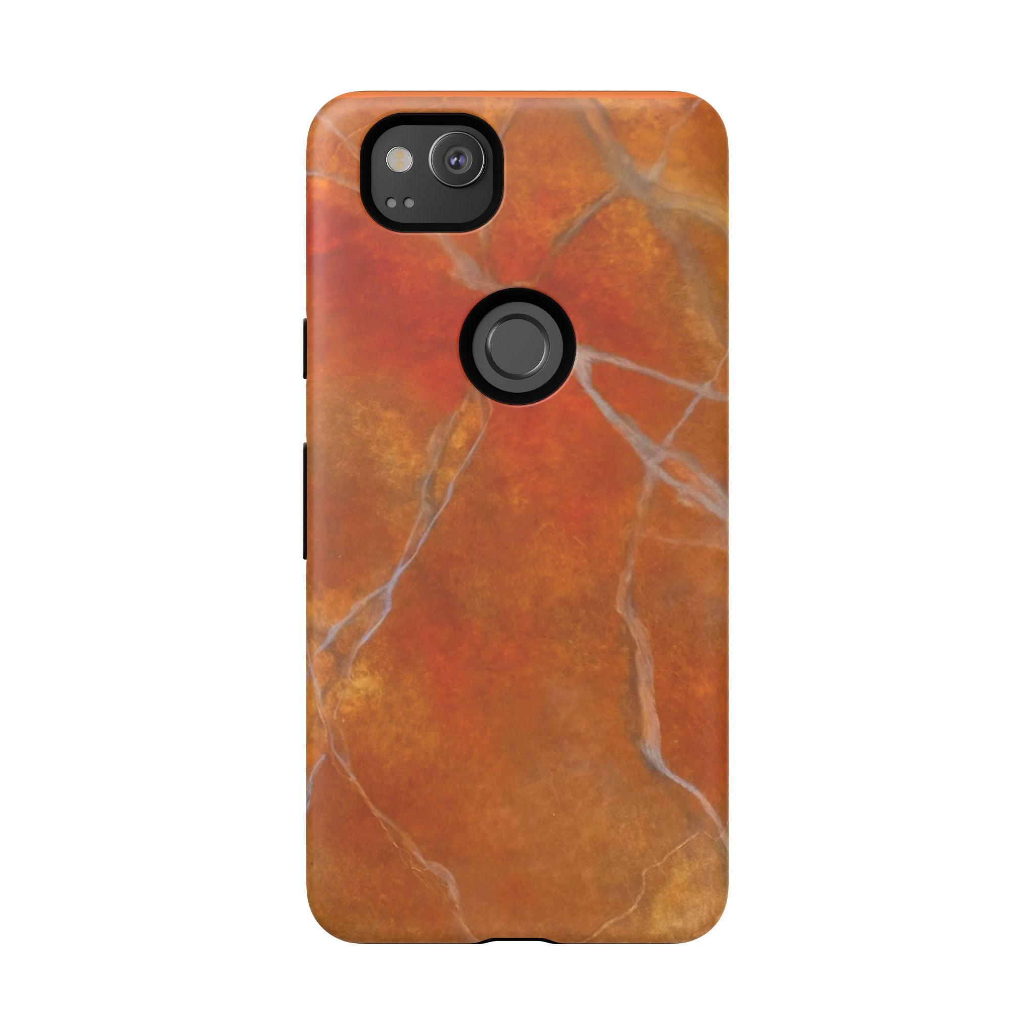 Phone case in sophisticated red orange marble design that is impact resistant tough in glossy or matte finish