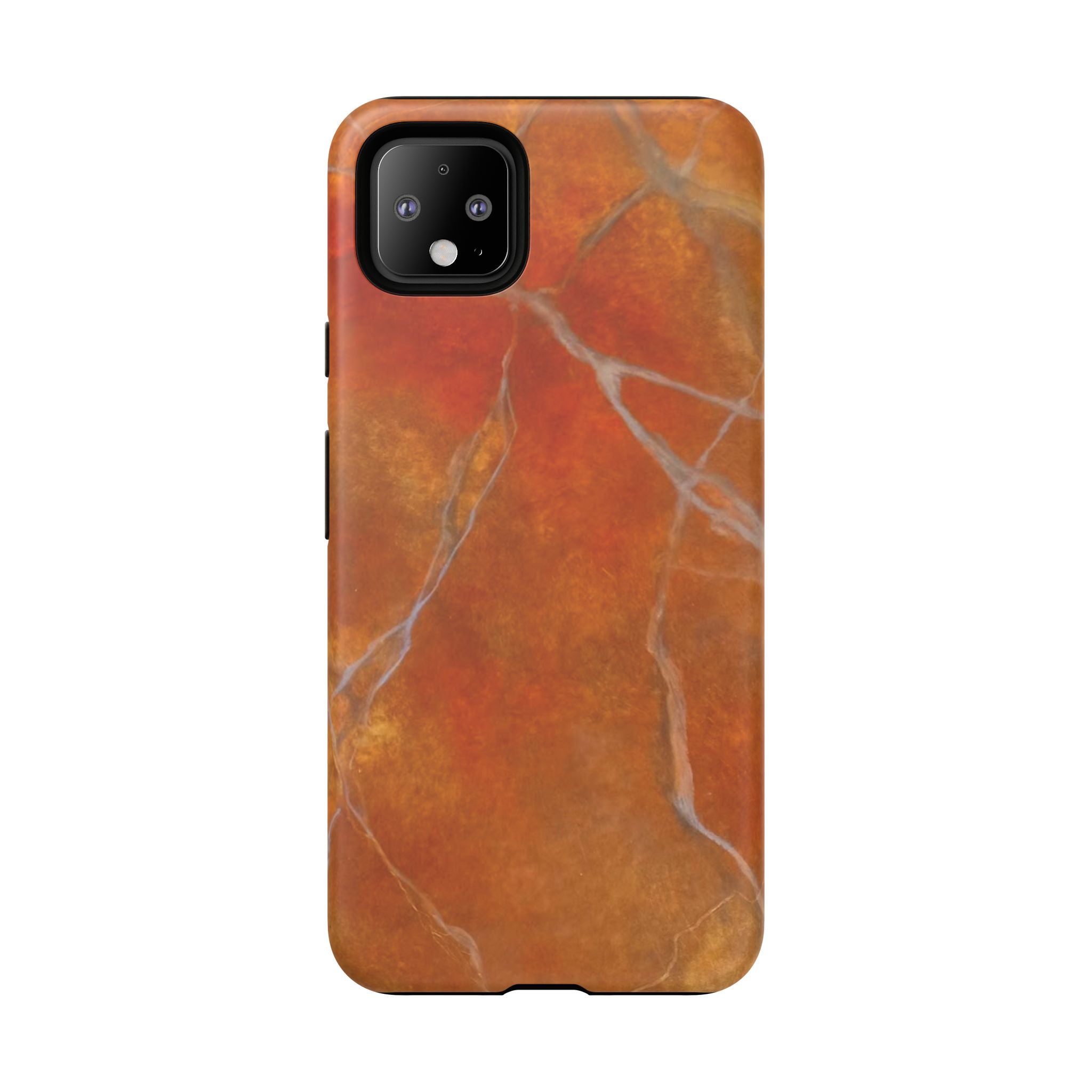 Phone case in sophisticated red orange marble design that is impact resistant tough in glossy or matte finish