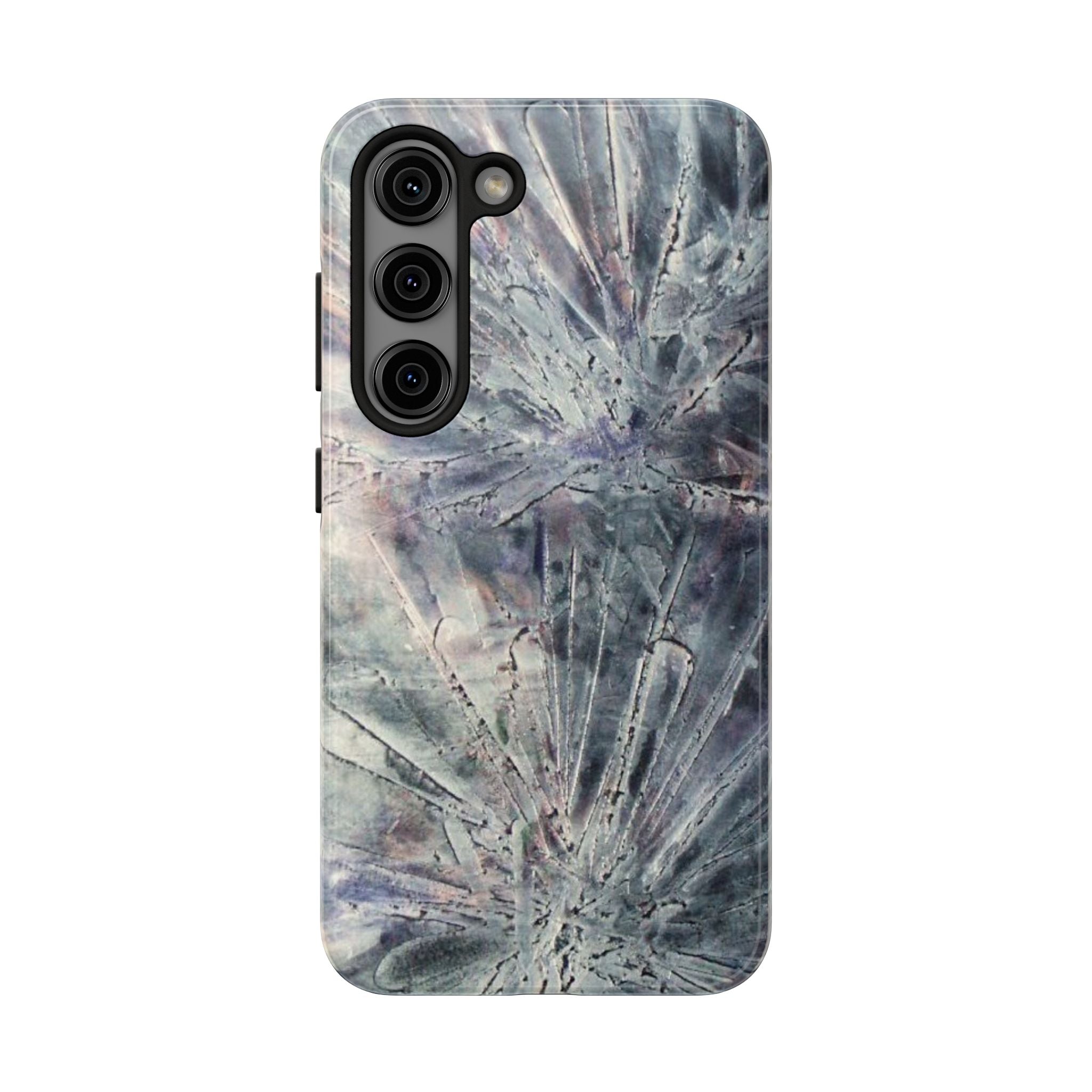 Phone case in abstract bursts of silver crystal design with rubber lining for strong impact and UV protection