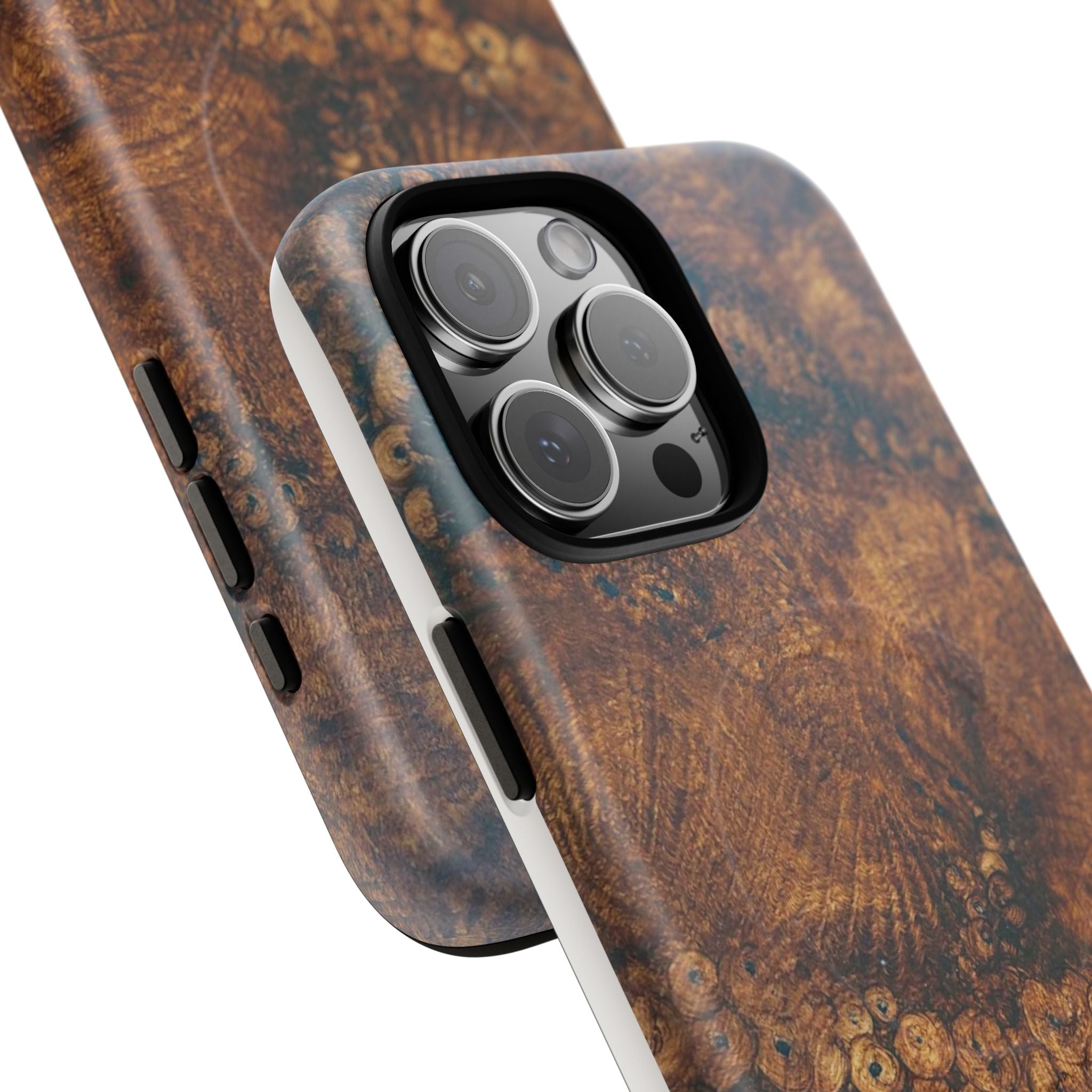 Magnetic iphone case with a natural Burl Wood Design compatible with MagSafe accessories in tough Dual Layer Shell