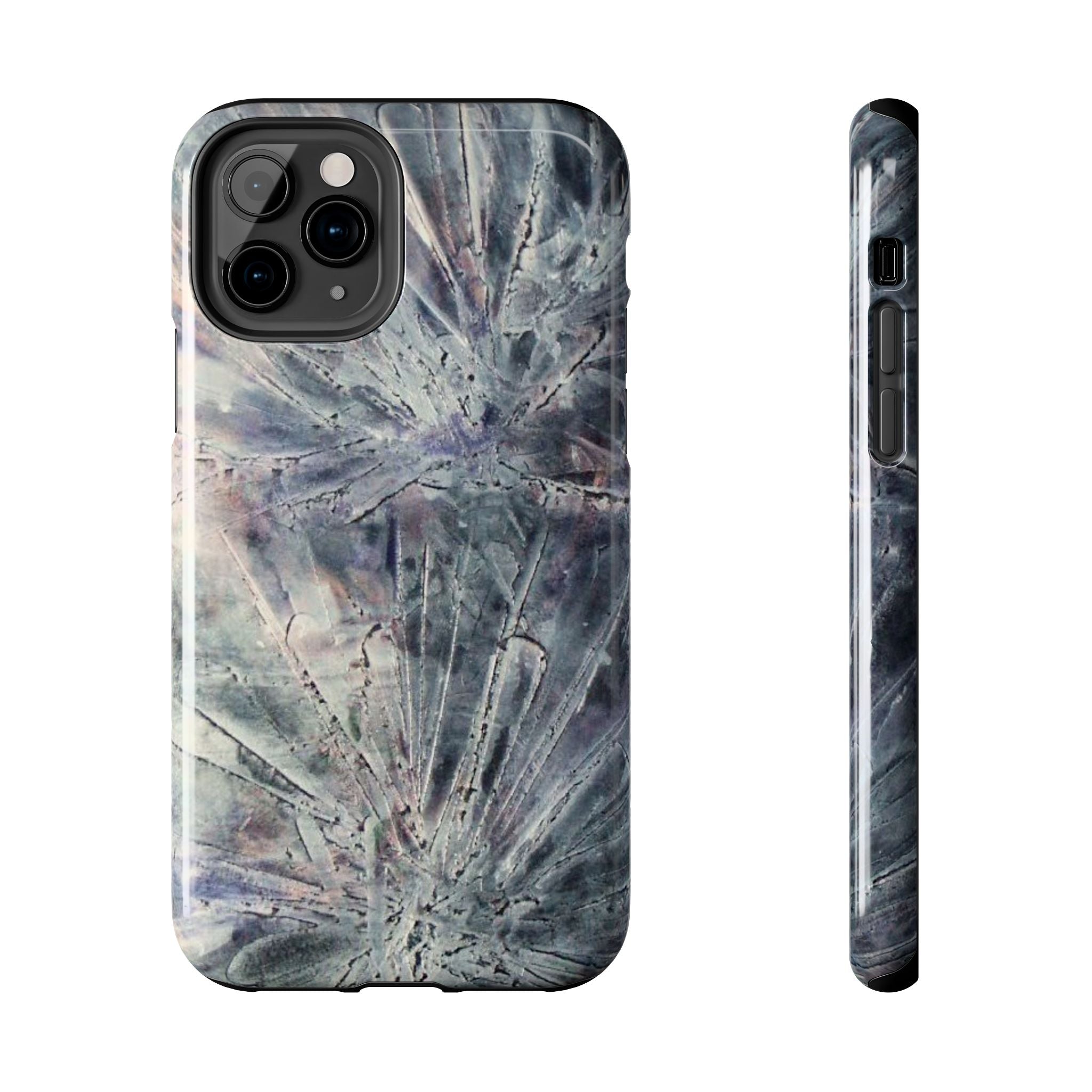 Phone case in abstract bursts of silver crystal design with rubber lining for strong impact and UV protection