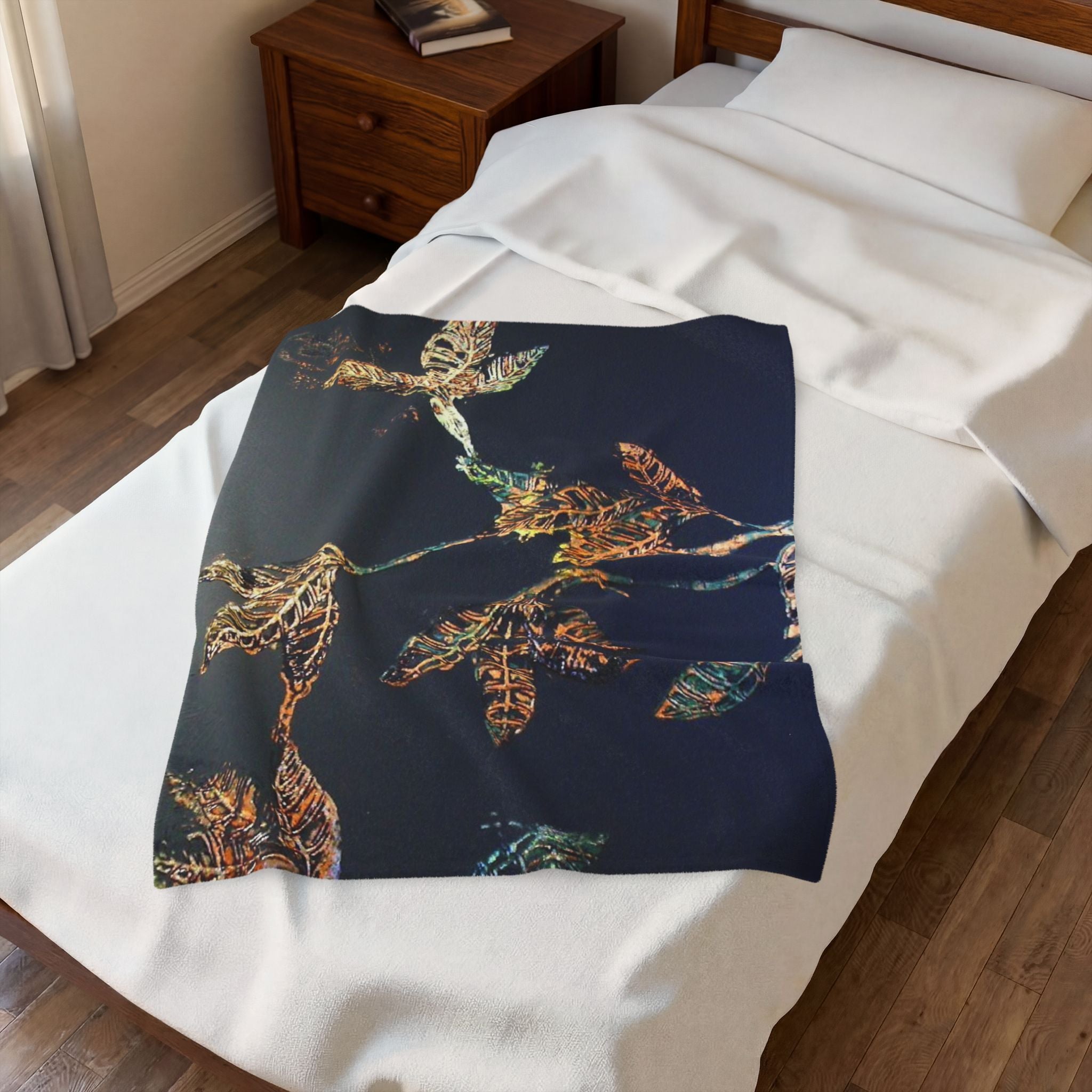 So Soft Black with Gold Leaf Design Velveteen Blanket