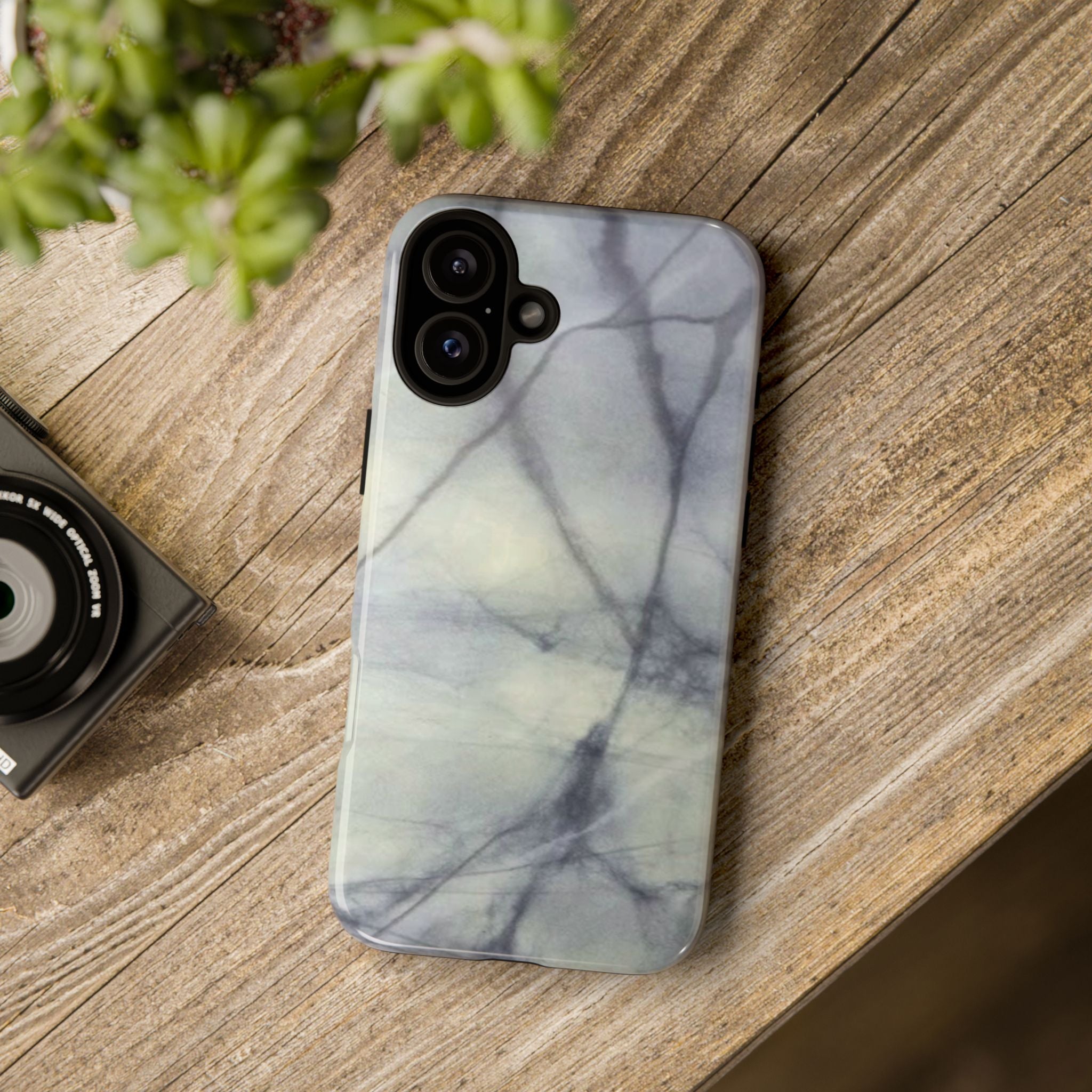 Phone case in impressive grey marble design with shock absorbing dual layer shell and UV resistance in 3D wrap
