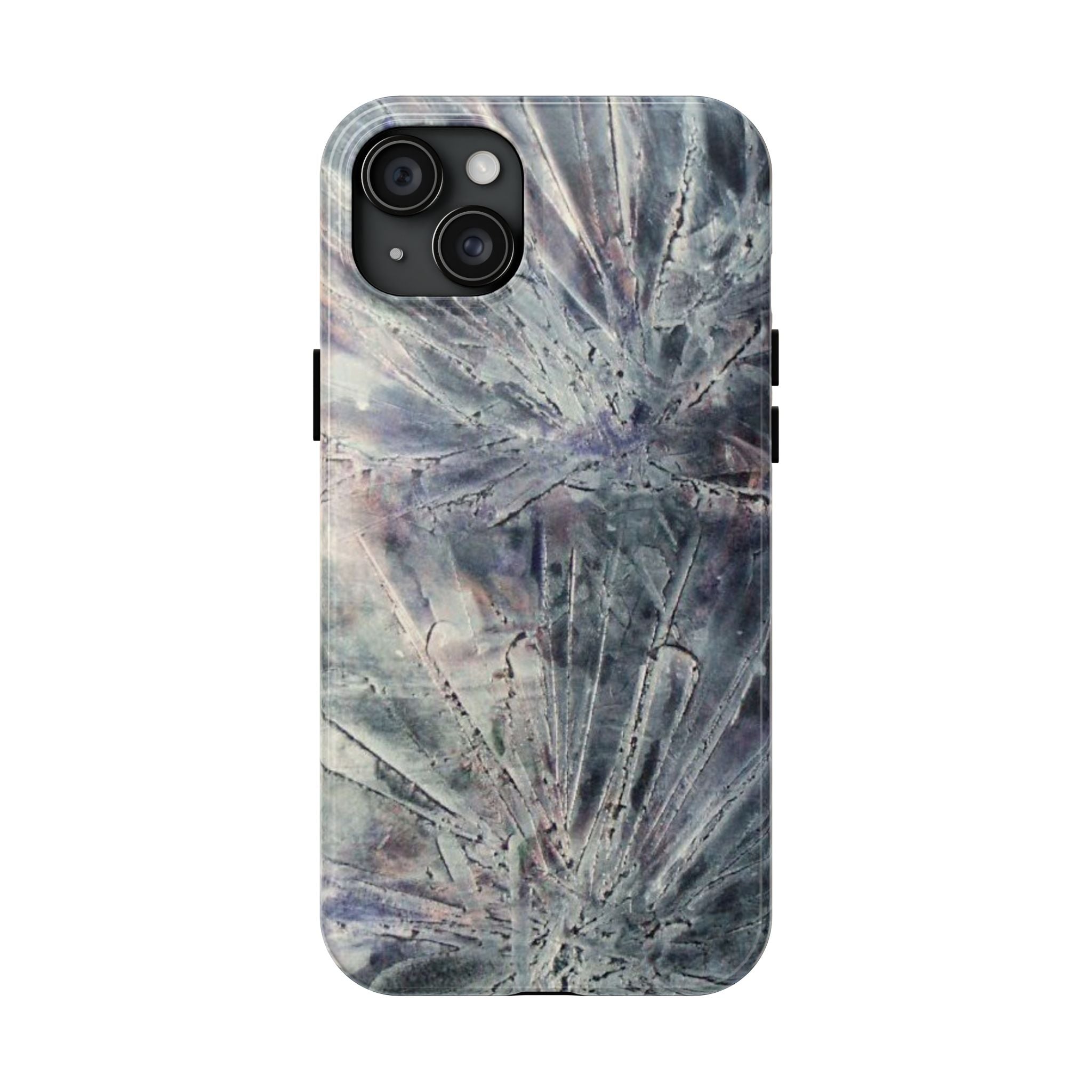 Phone case in abstract bursts of silver crystal design with rubber lining for strong impact and UV protection