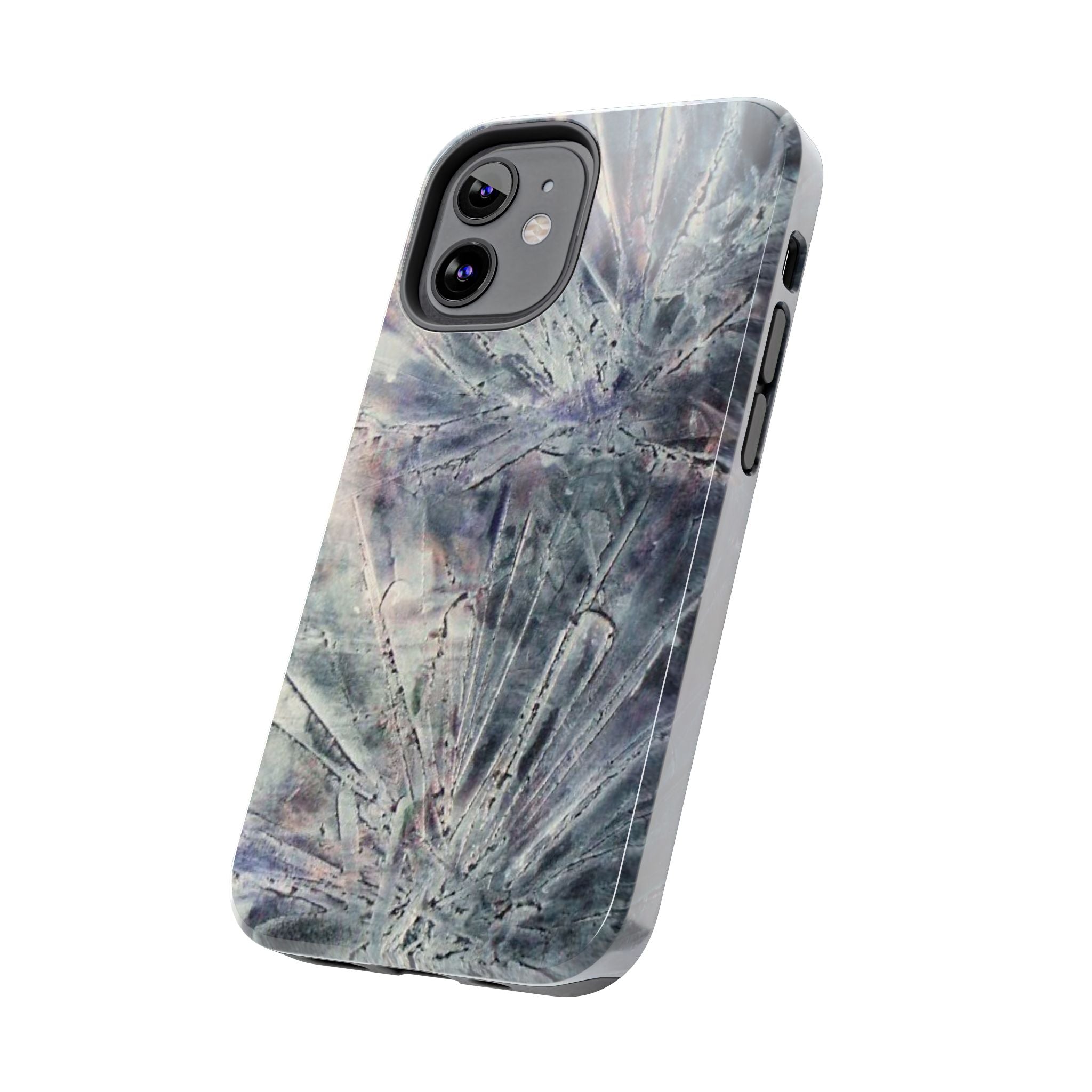 Phone case in abstract bursts of silver crystal design with rubber lining for strong impact and UV protection