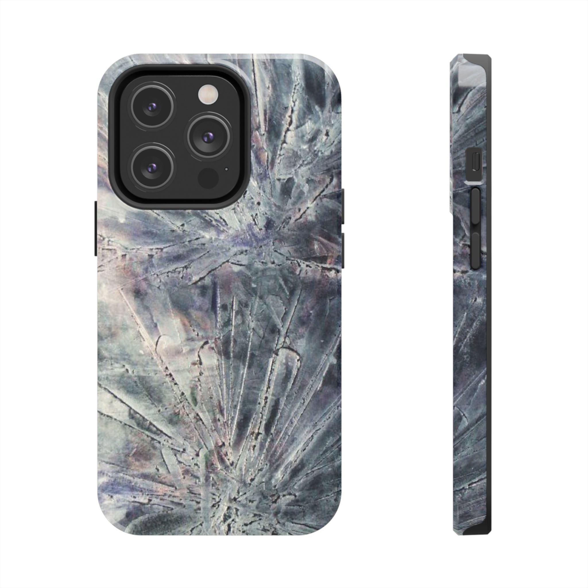 Phone case in abstract bursts of silver crystal design with rubber lining for strong impact and UV protection