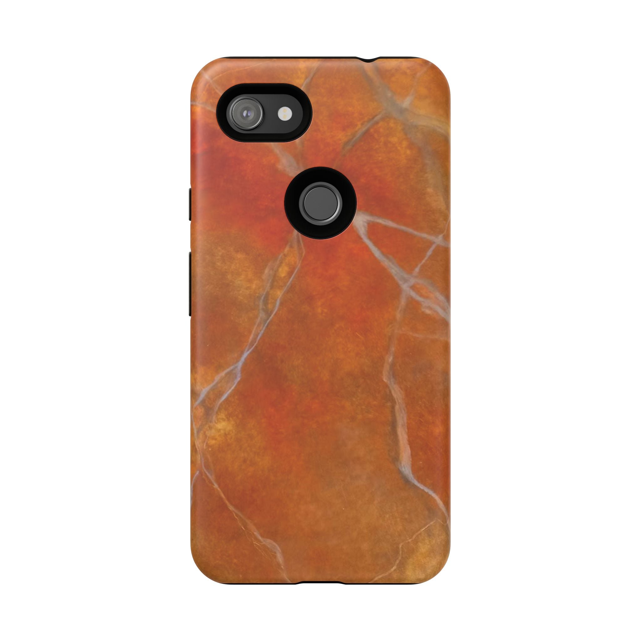 Phone case in sophisticated red orange marble design that is impact resistant tough in glossy or matte finish