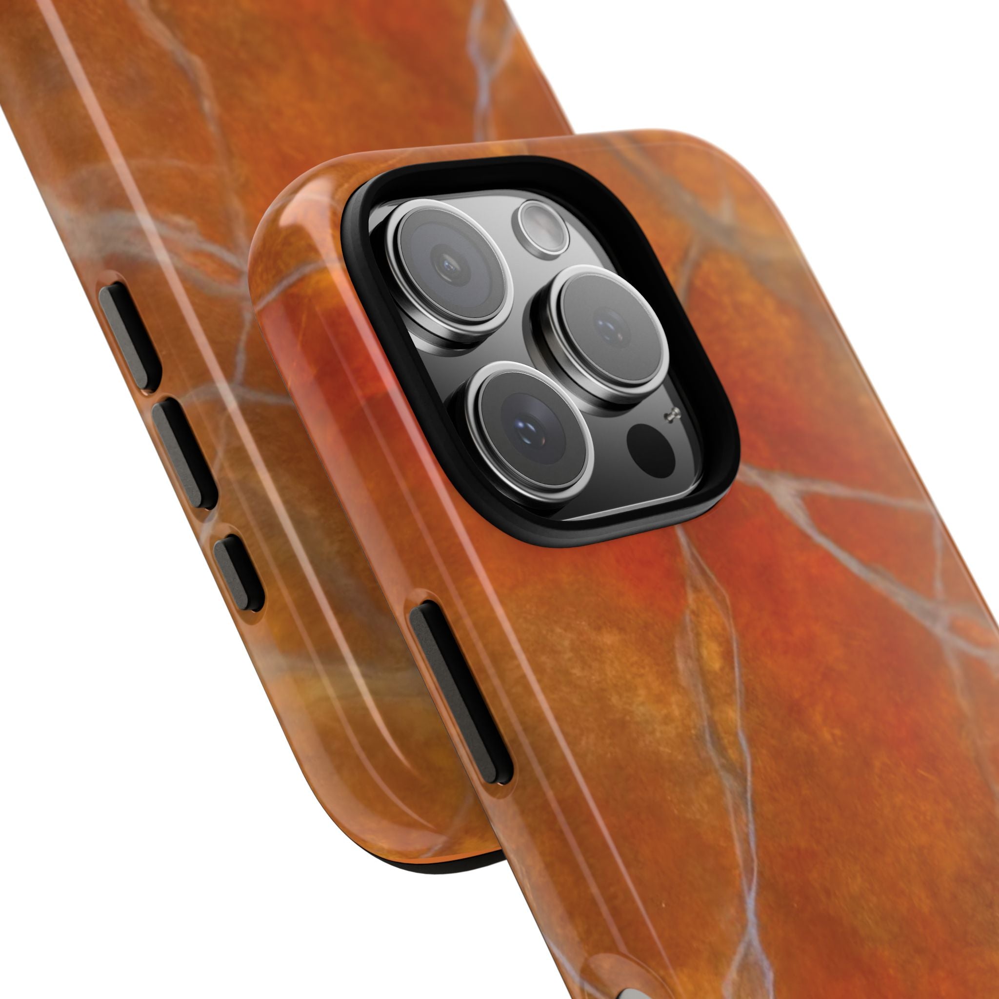Phone case in sophisticated red orange marble design that is impact resistant tough in glossy or matte finish
