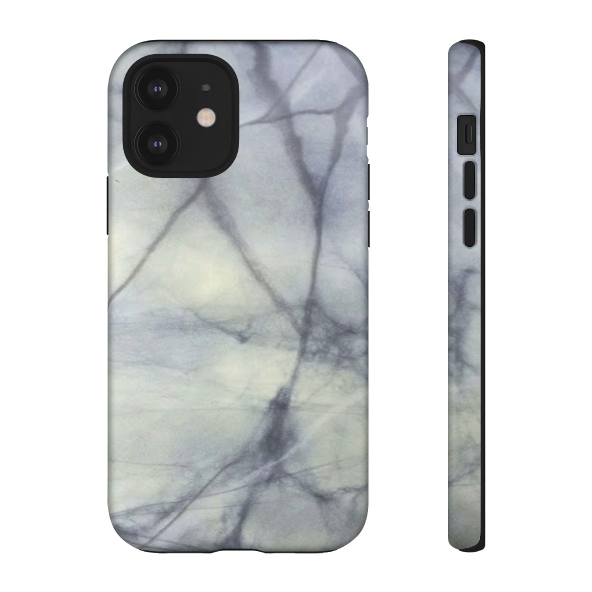 Phone case in impressive grey marble design with shock absorbing dual layer shell and UV resistance in 3D wrap