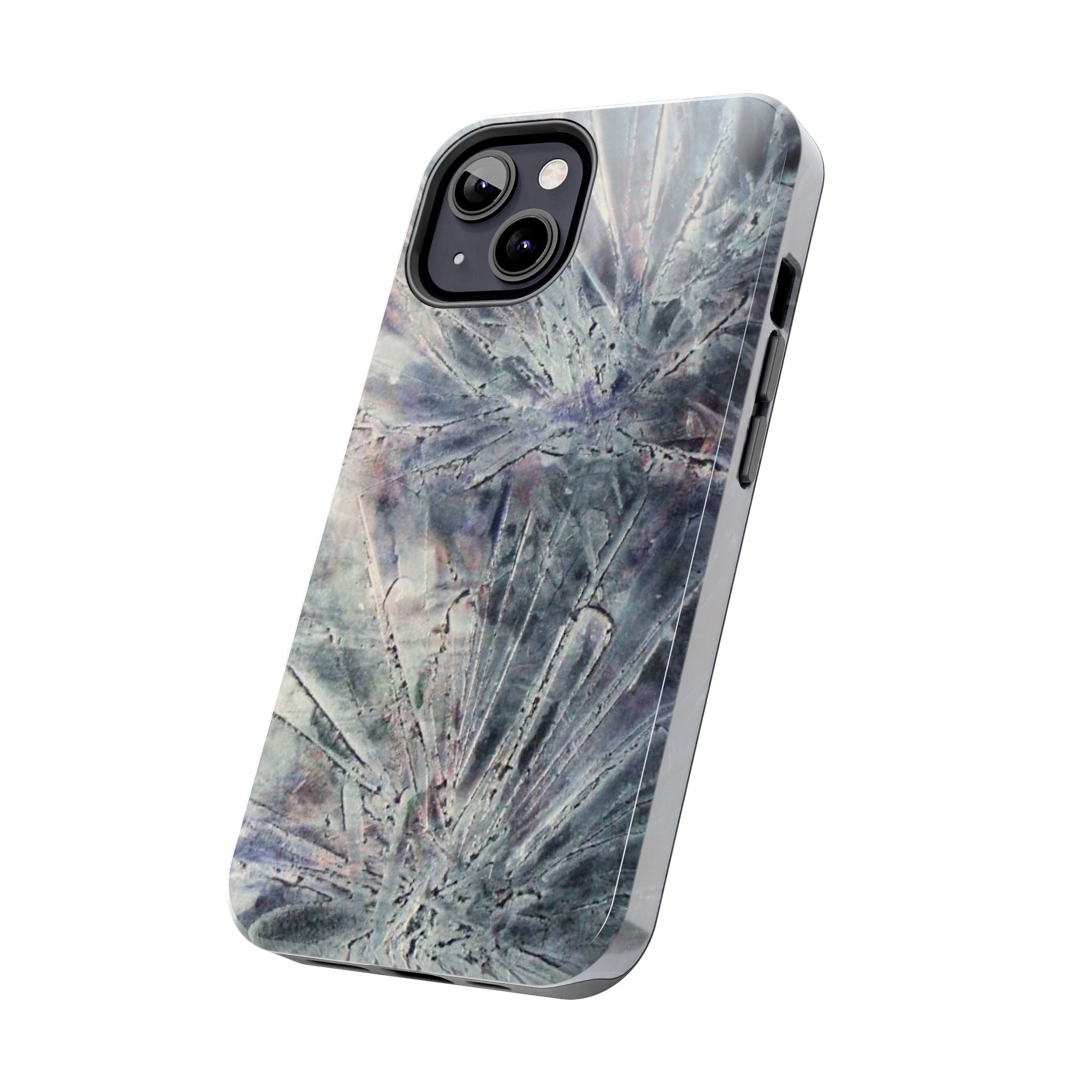 Phone case in abstract bursts of silver crystal design with rubber lining for strong impact and UV protection