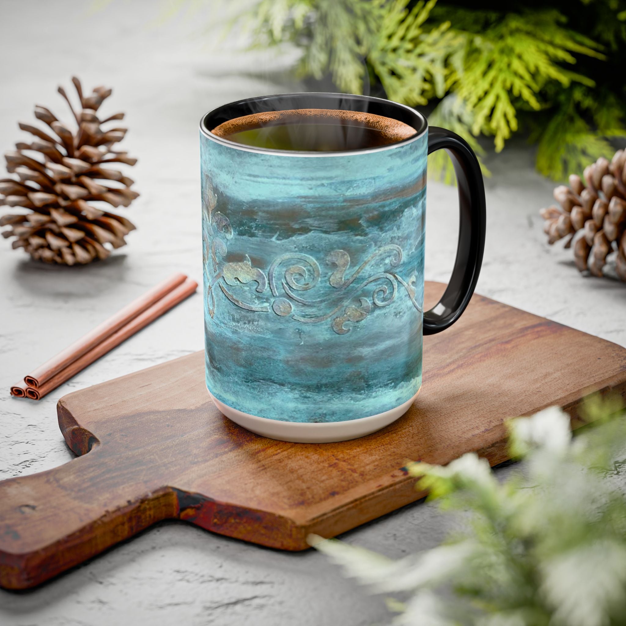 Mugs - Artistically painted with scrolled design 15oz & 11oz by Studio Blitz