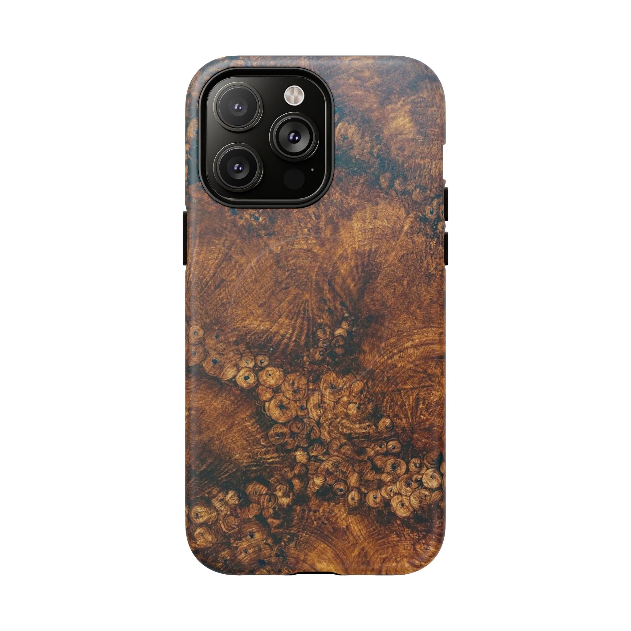 Magnetic iphone case with a natural Burl Wood Design compatible with MagSafe accessories in tough Dual Layer Shell