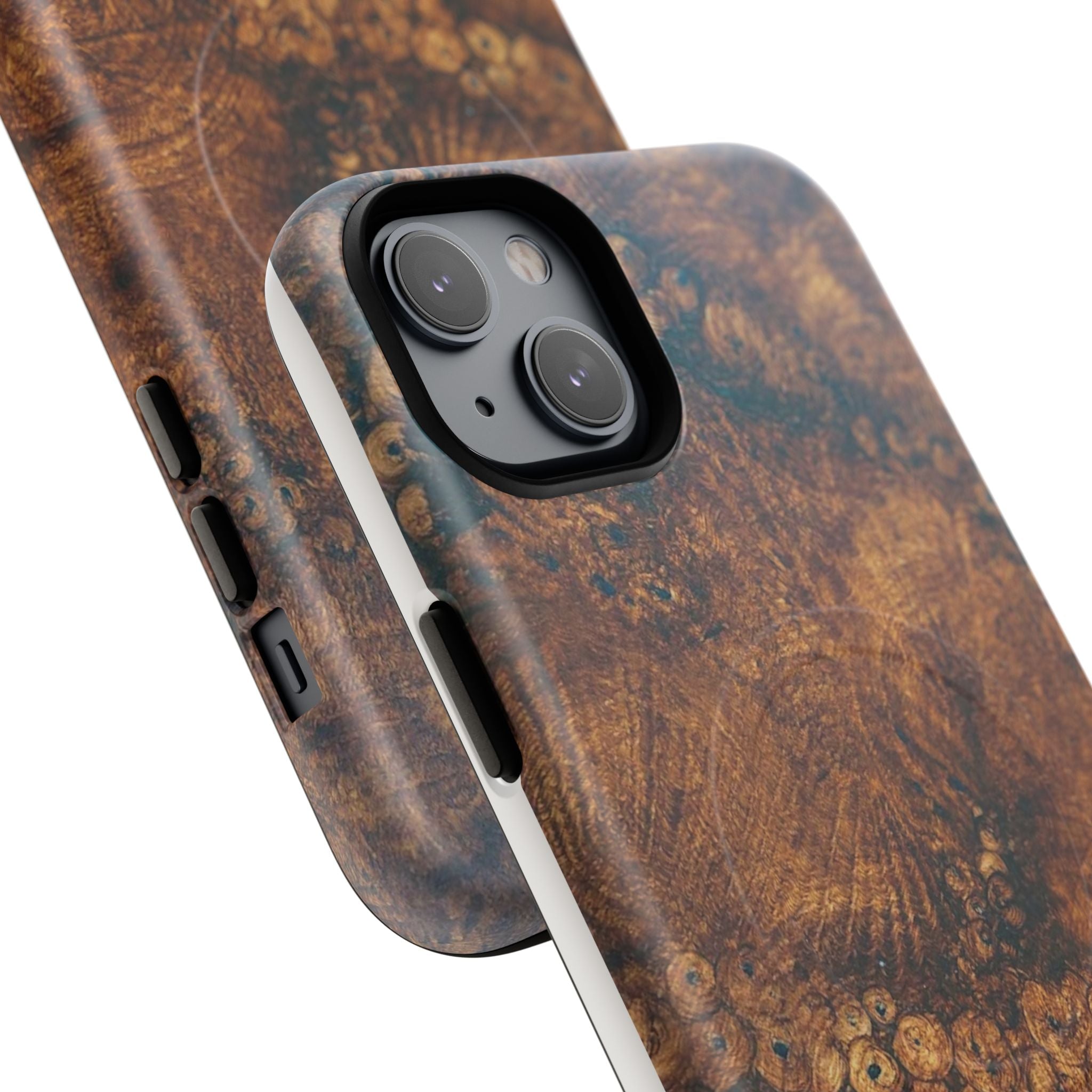 Magnetic iphone case with a natural Burl Wood Design compatible with MagSafe accessories in tough Dual Layer Shell