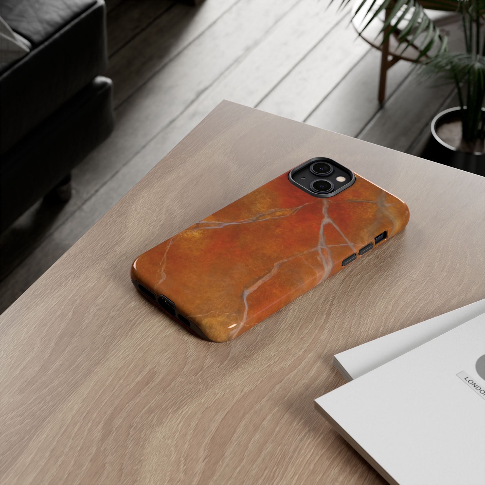 Phone case in sophisticated red orange marble design that is impact resistant tough in glossy or matte finish