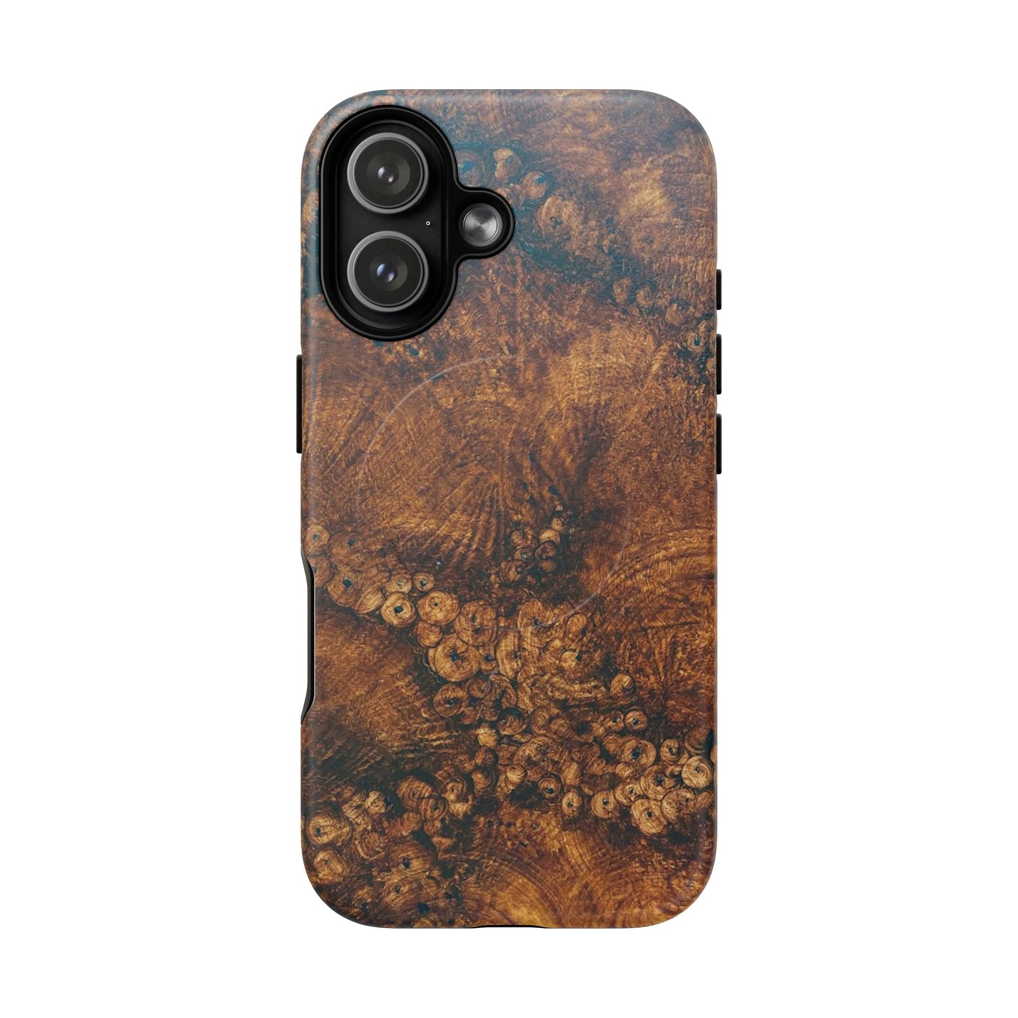 Magnetic iphone case with a natural Burl Wood Design compatible with MagSafe accessories in tough Dual Layer Shell