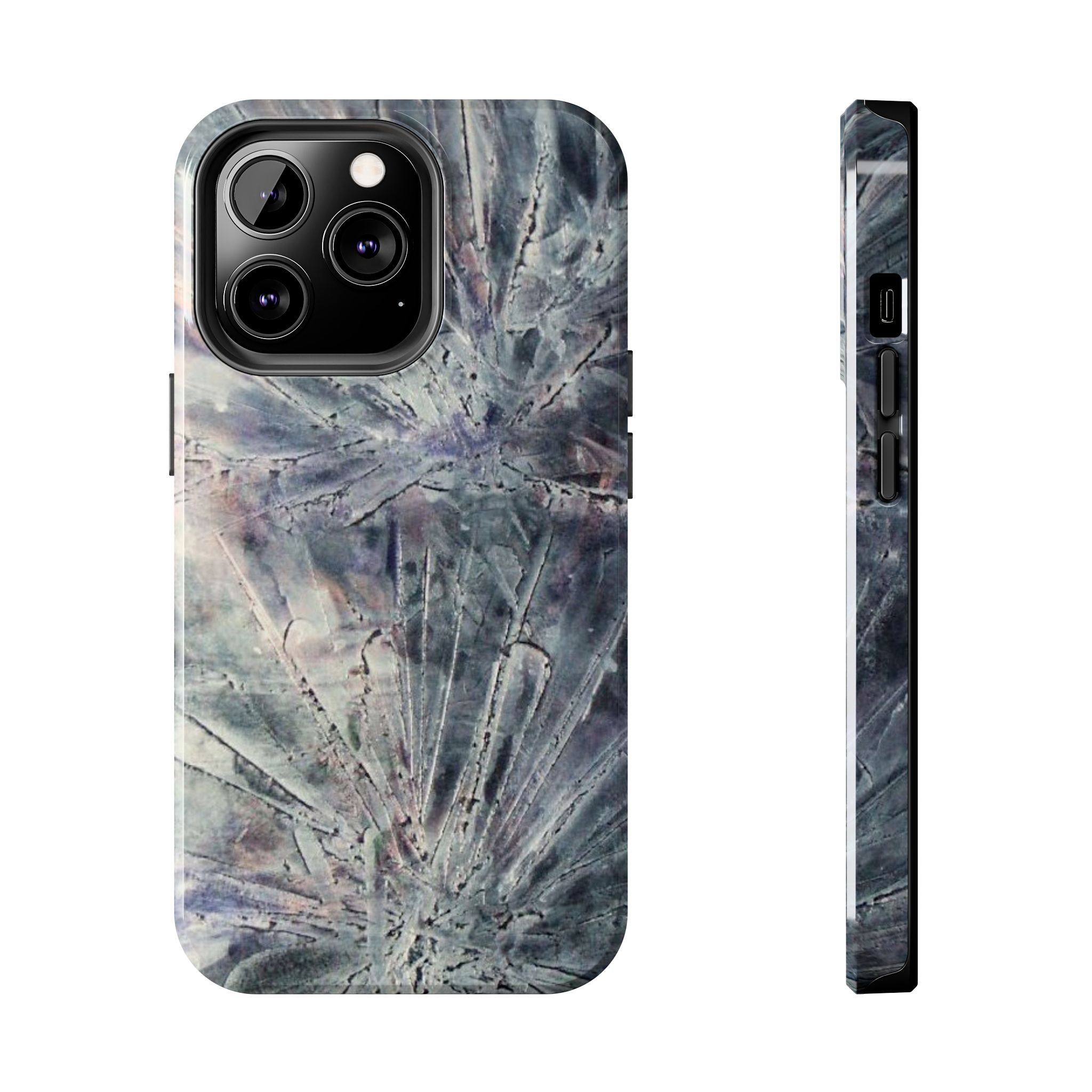 Phone case in abstract bursts of silver crystal design with rubber lining for strong impact and UV protection