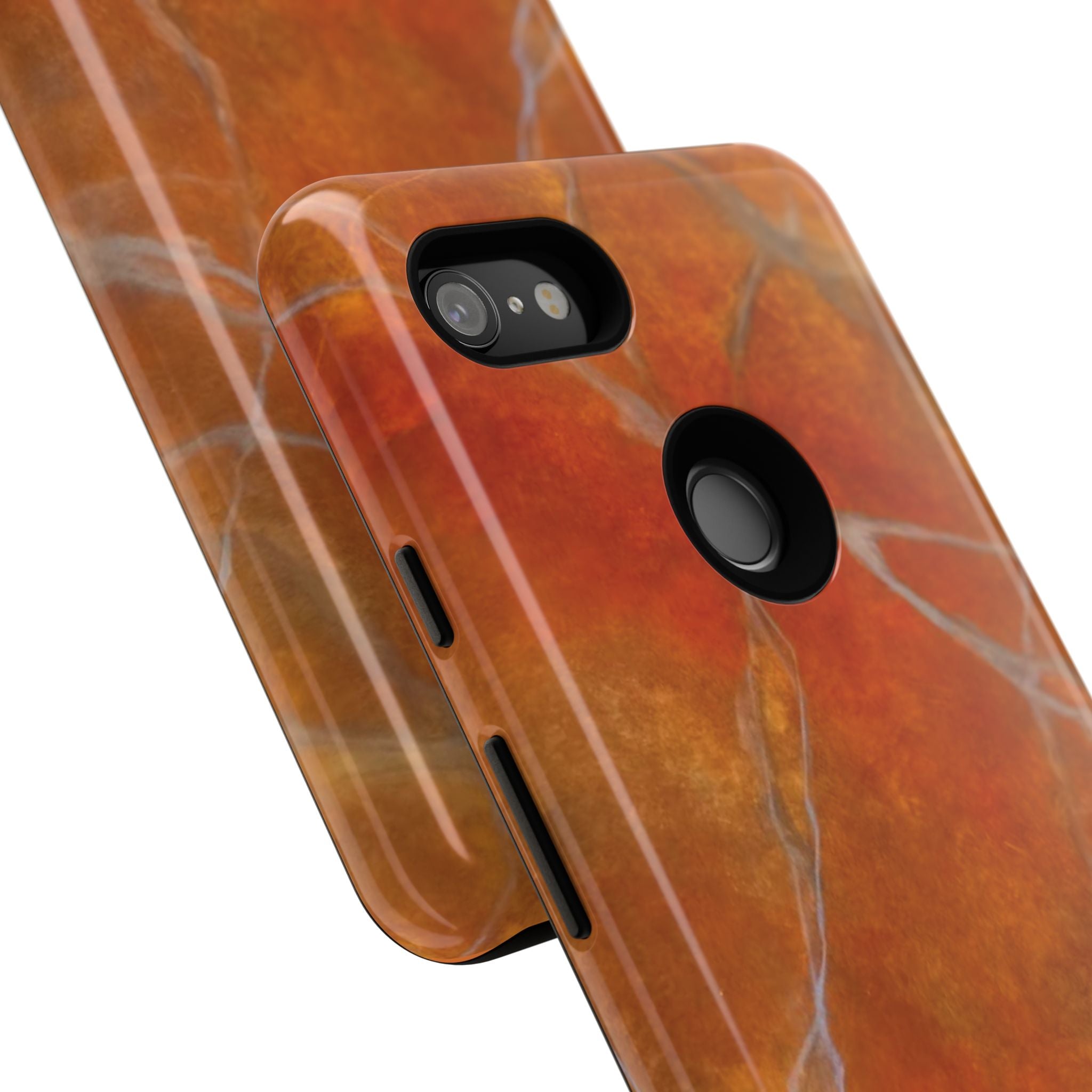 Phone case in sophisticated red orange marble design that is impact resistant tough in glossy or matte finish