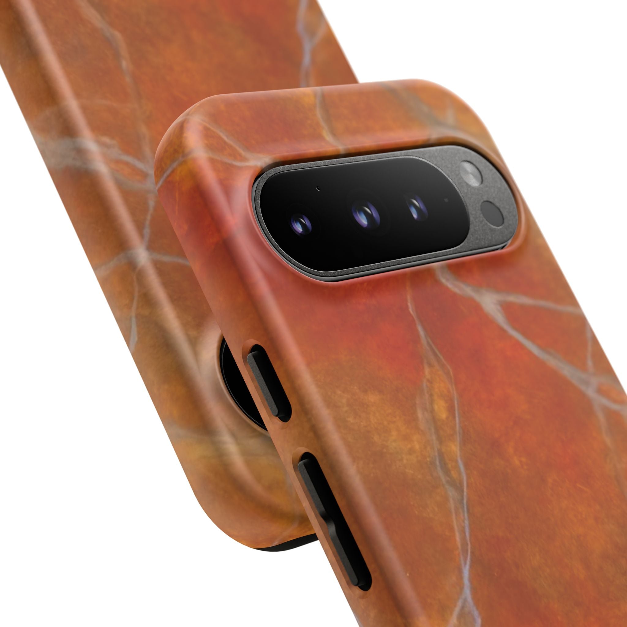 Phone case in sophisticated red orange marble design that is impact resistant tough in glossy or matte finish