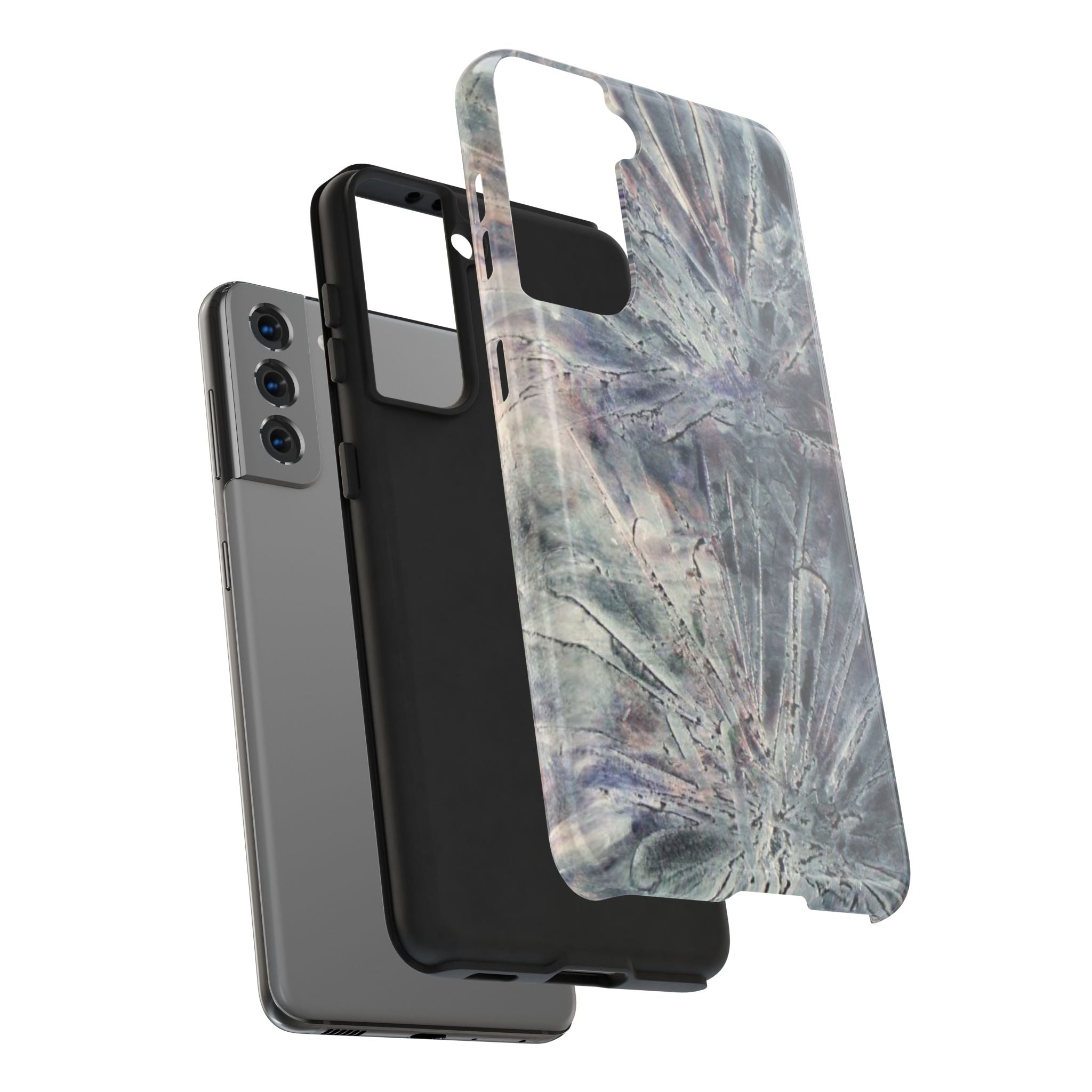 Phone case in abstract bursts of silver crystal design with rubber lining for strong impact and UV protection
