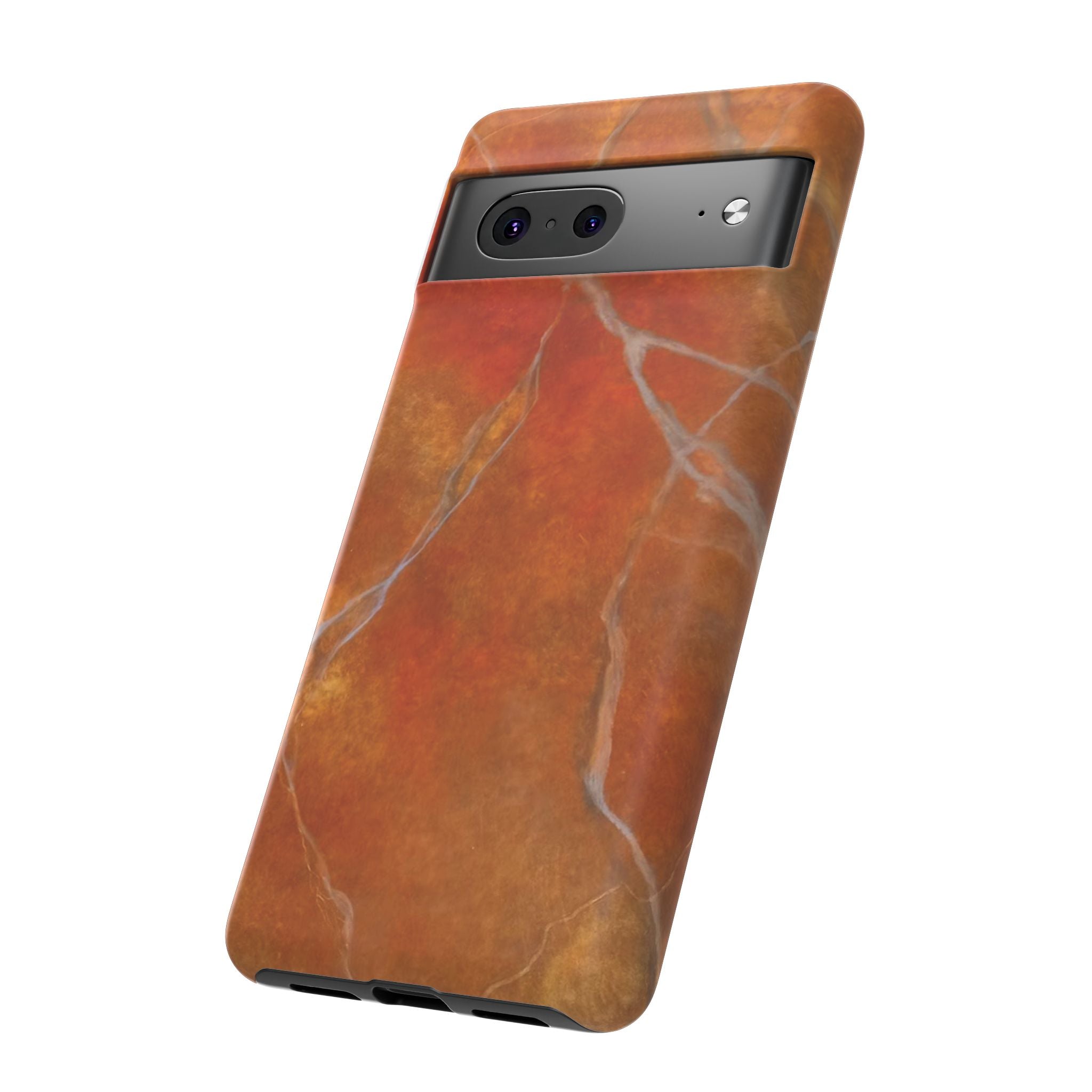 Phone case in sophisticated red orange marble design that is impact resistant tough in glossy or matte finish