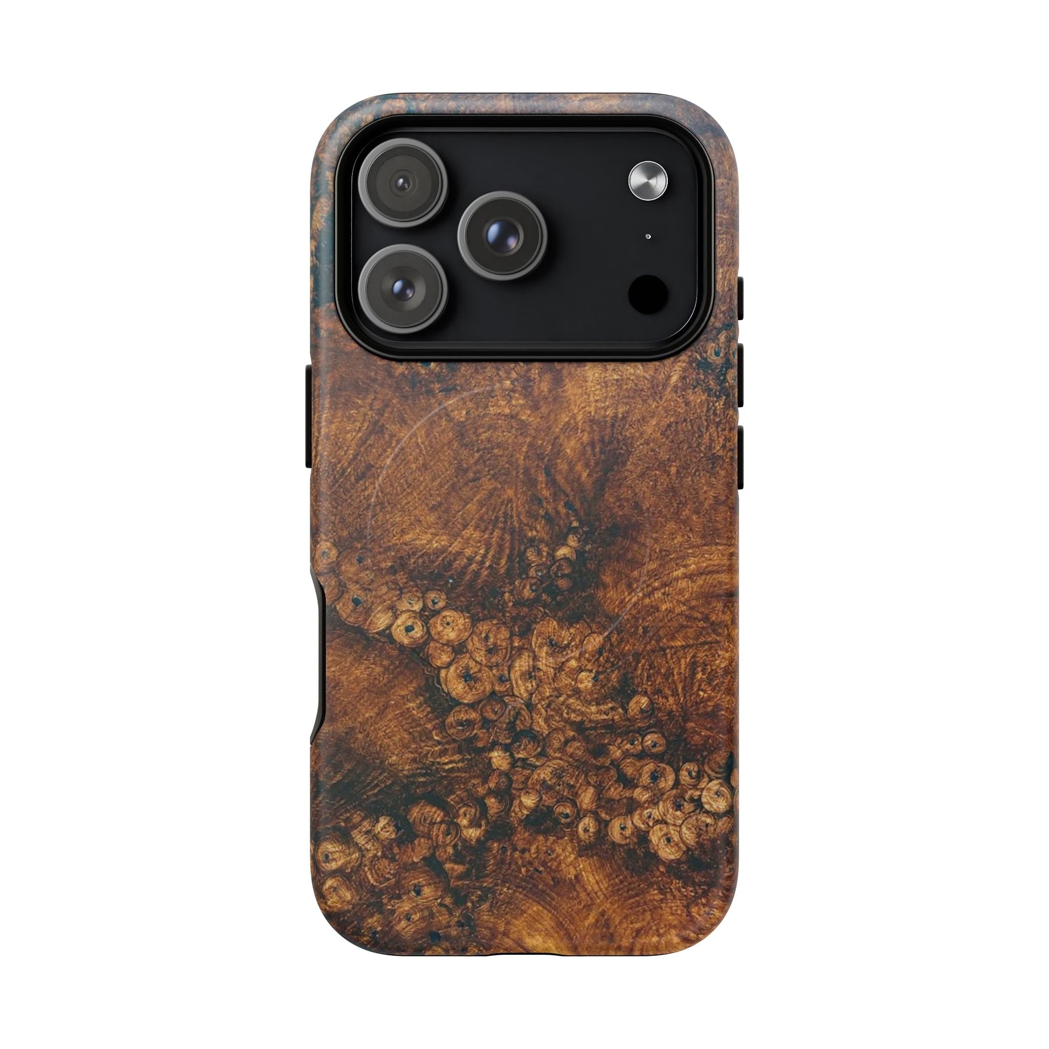 Magnetic iphone case with a natural Burl Wood Design compatible with MagSafe accessories in tough Dual Layer Shell