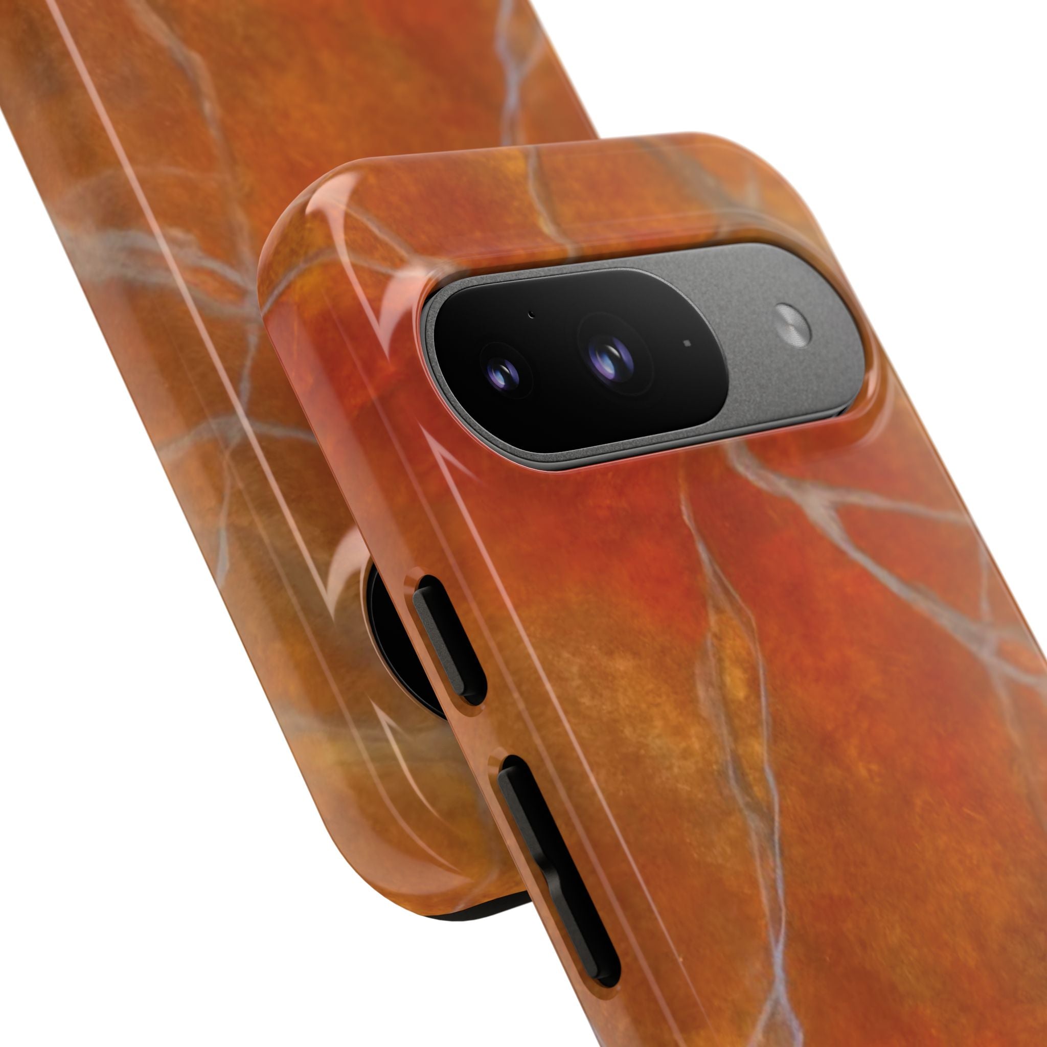 Phone case in sophisticated red orange marble design that is impact resistant tough in glossy or matte finish