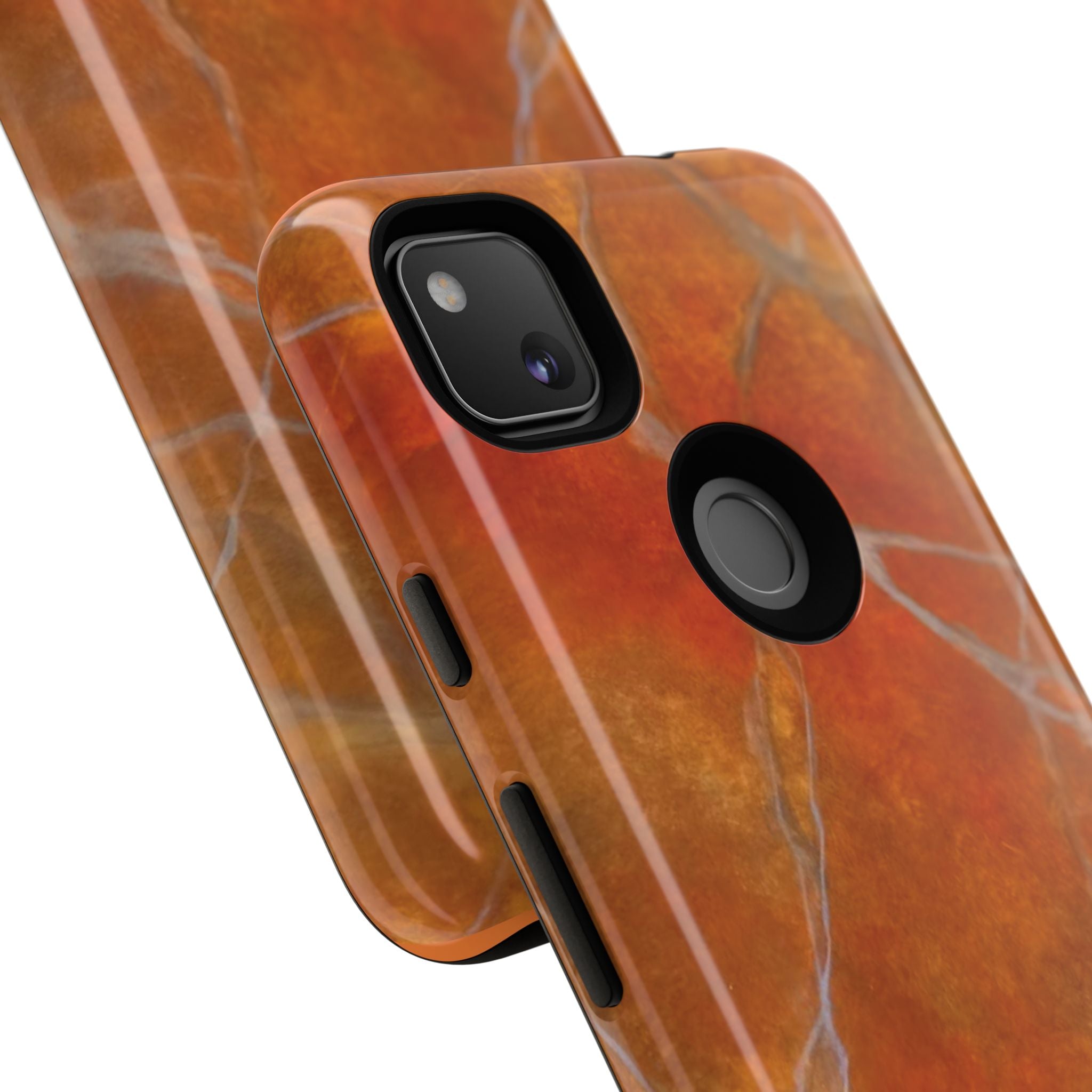 Phone case in sophisticated red orange marble design that is impact resistant tough in glossy or matte finish
