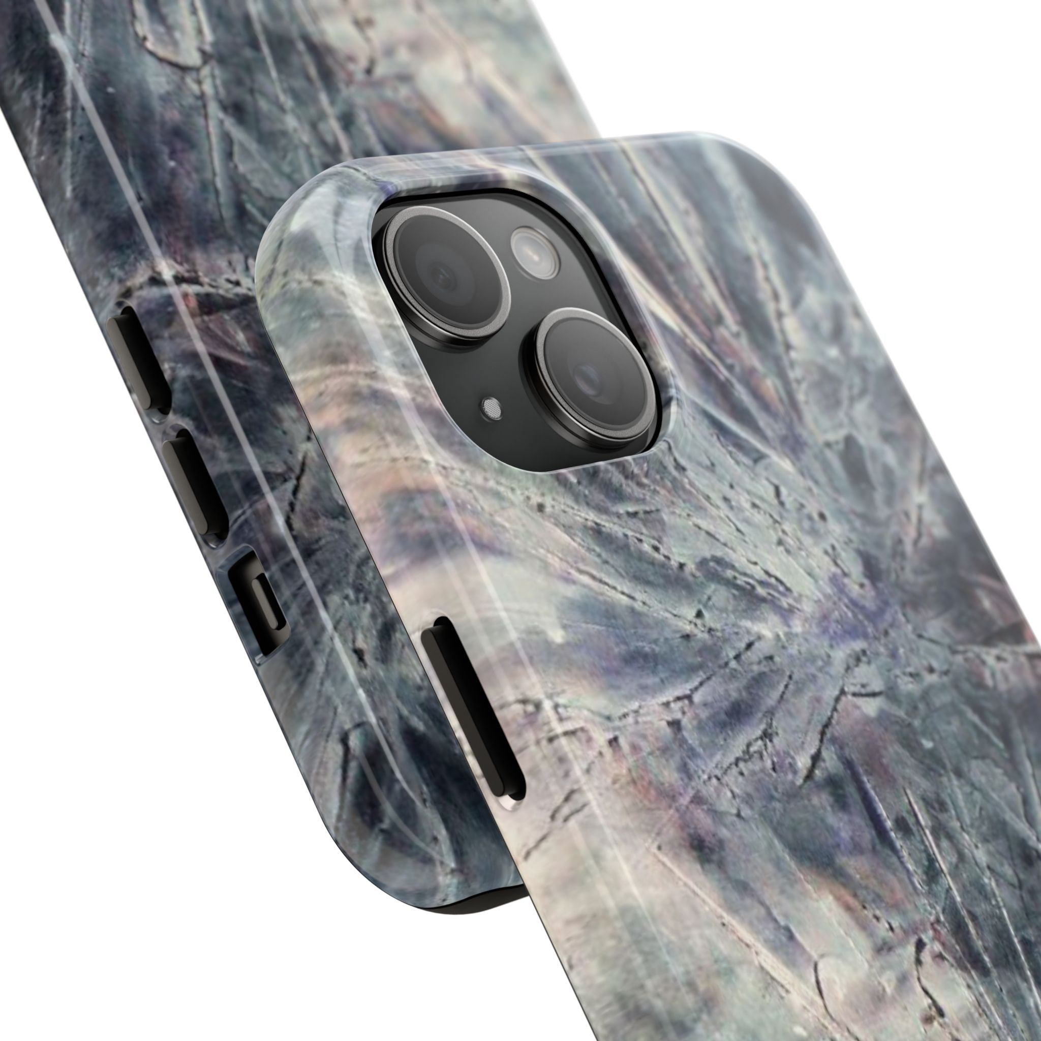 Phone case in abstract bursts of silver crystal design with rubber lining for strong impact and UV protection