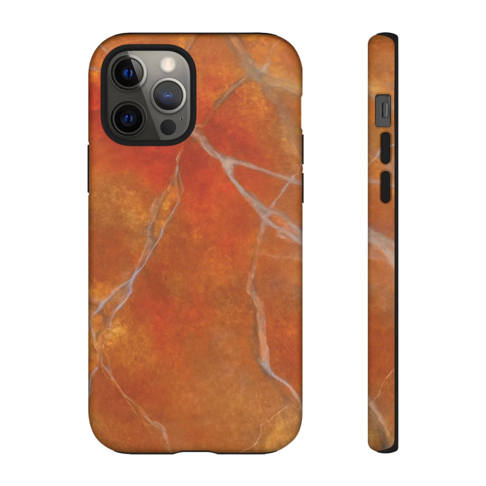 Phone case in sophisticated red orange marble design that is impact resistant tough in glossy or matte finish