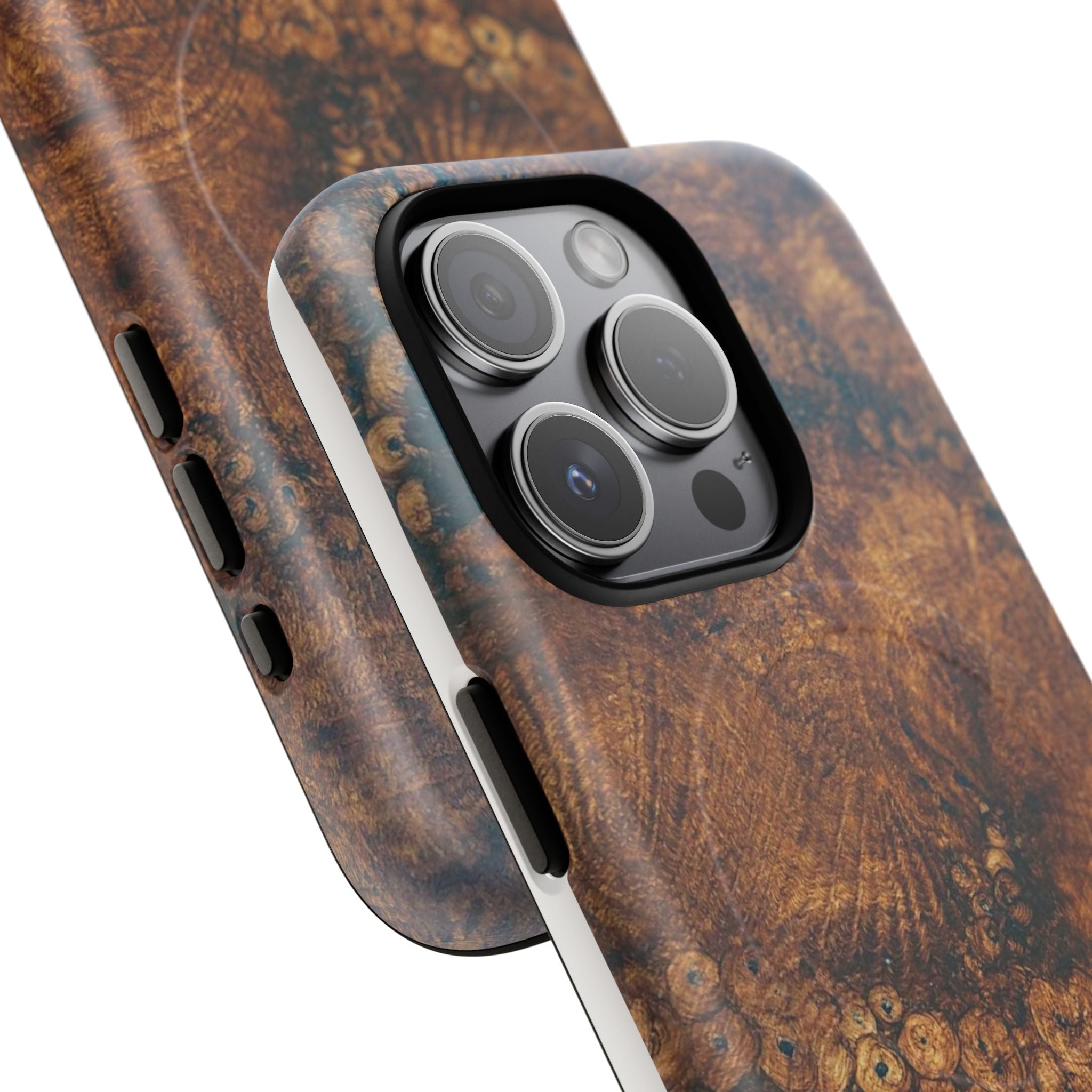 Magnetic iphone case with a natural Burl Wood Design compatible with MagSafe accessories in tough Dual Layer Shell