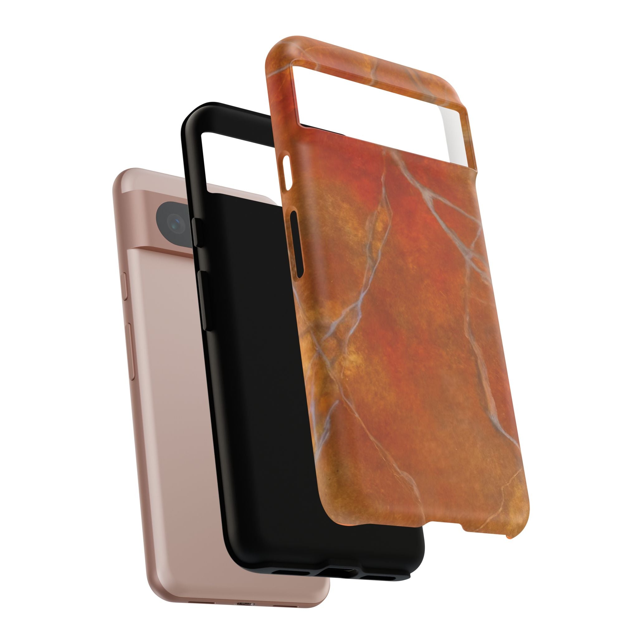 Phone case in sophisticated red orange marble design that is impact resistant tough in glossy or matte finish