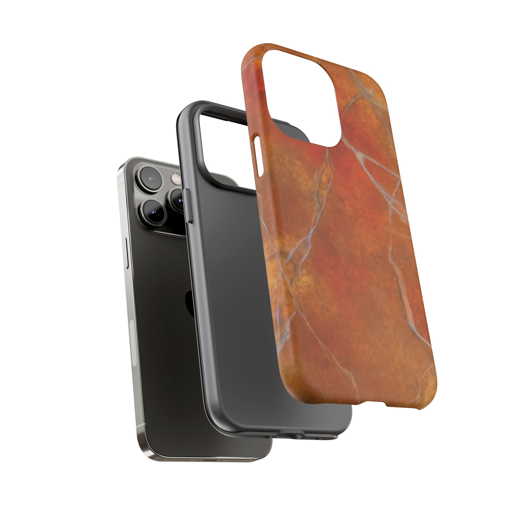 Phone case in sophisticated red orange marble design that is impact resistant tough in glossy or matte finish