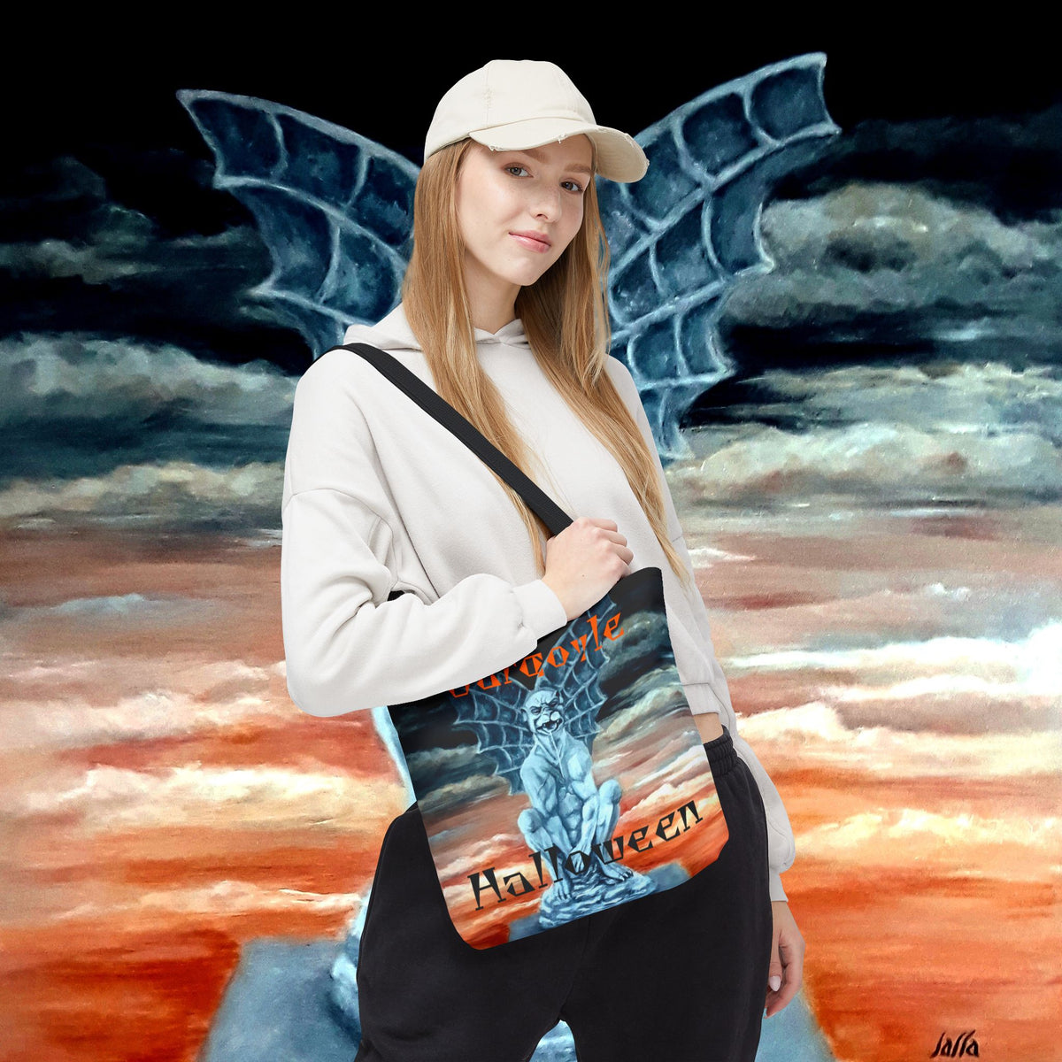  Halloween-themed bag with a painted  gargoyle for carrying anything including candy from trick or treating