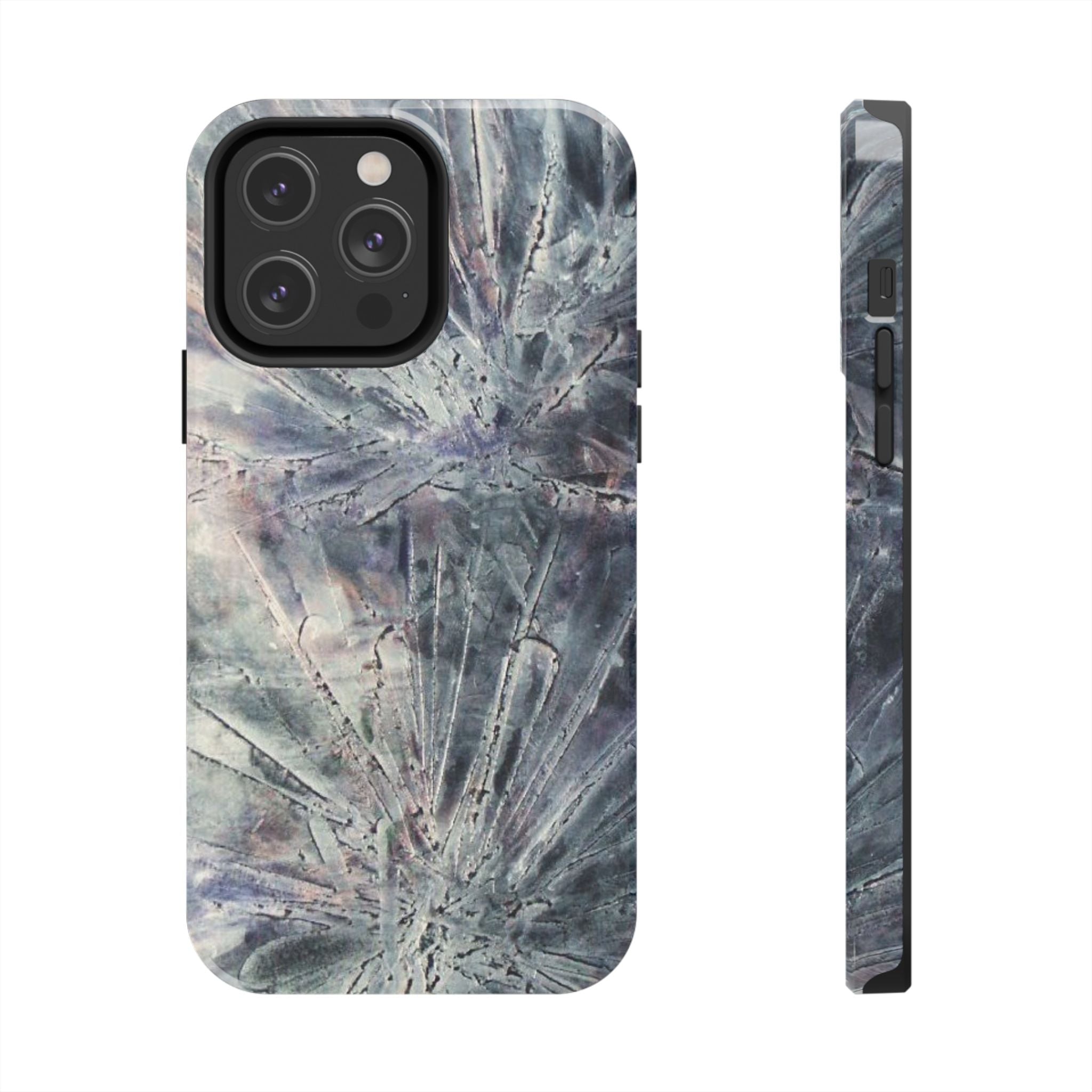 Phone case in abstract bursts of silver crystal design with rubber lining for strong impact and UV protection