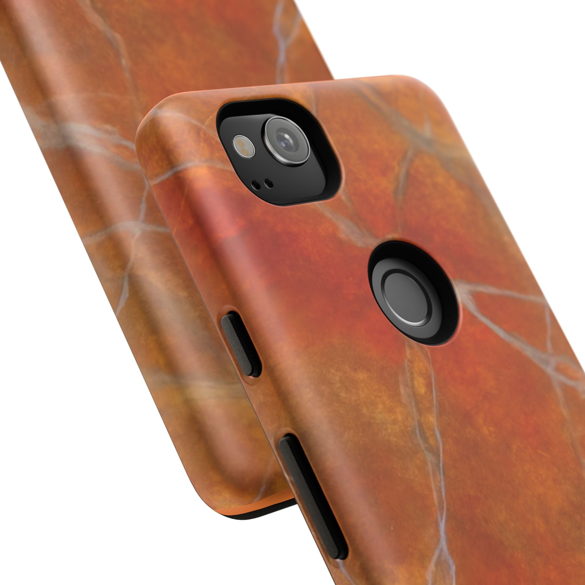 Phone case in sophisticated red orange marble design that is impact resistant tough in glossy or matte finish