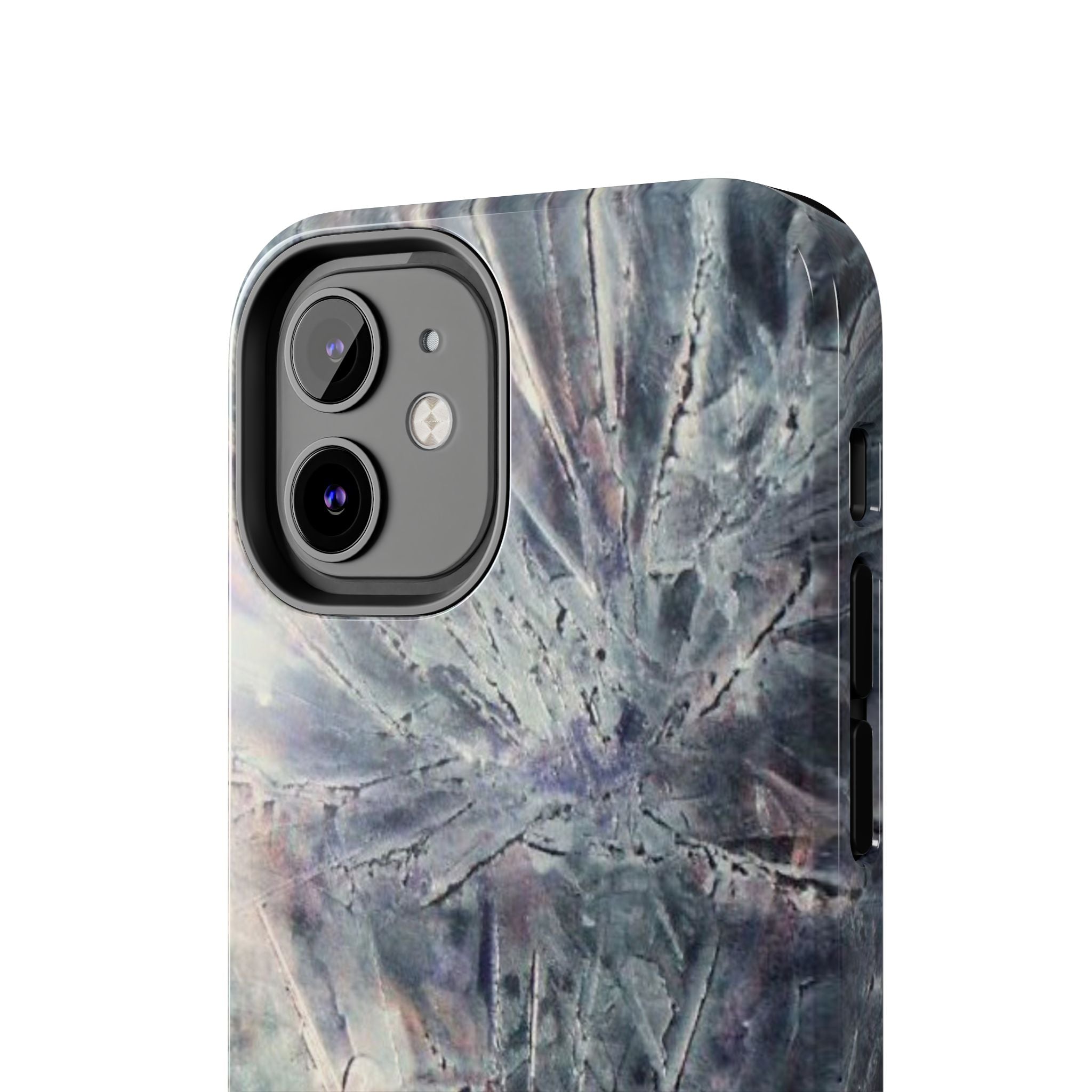 Phone case in abstract bursts of silver crystal design with rubber lining for strong impact and UV protection