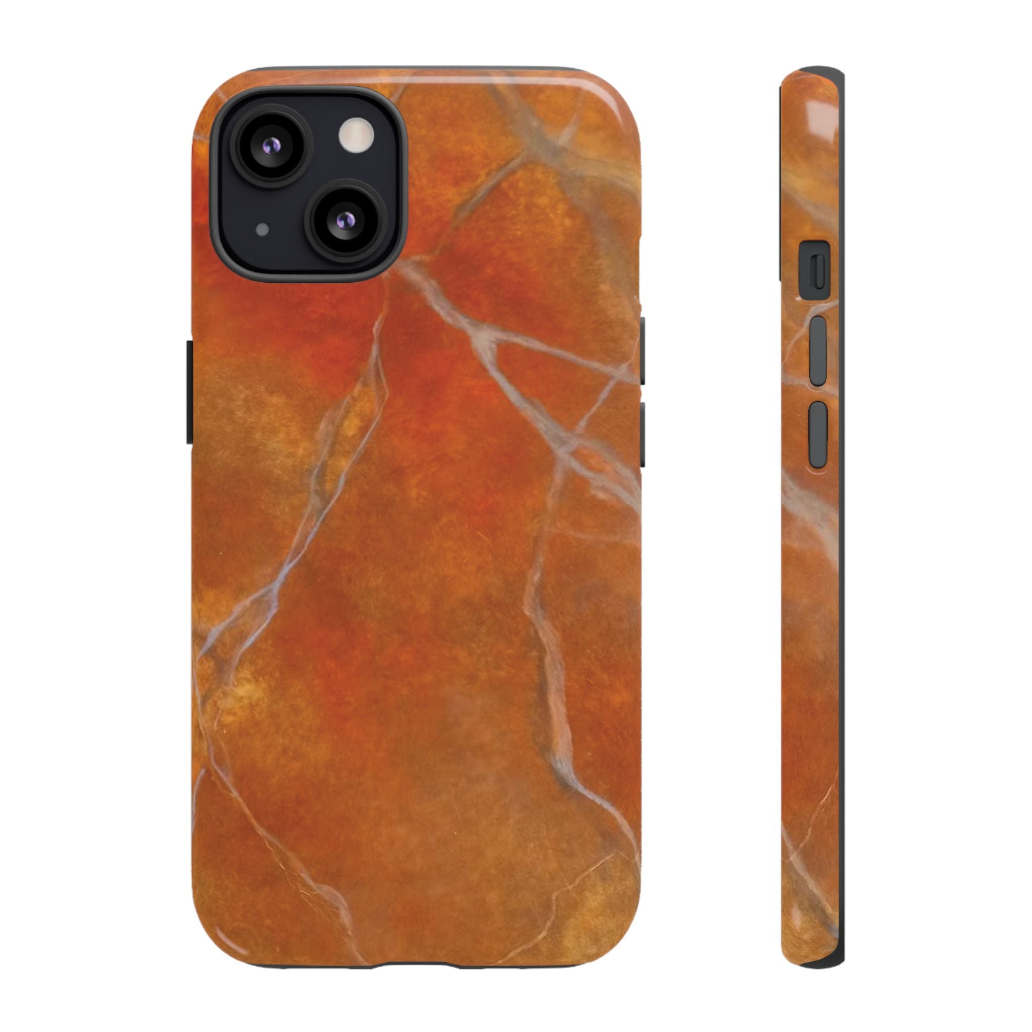 Phone case in sophisticated red orange marble design that is impact resistant tough in glossy or matte finish