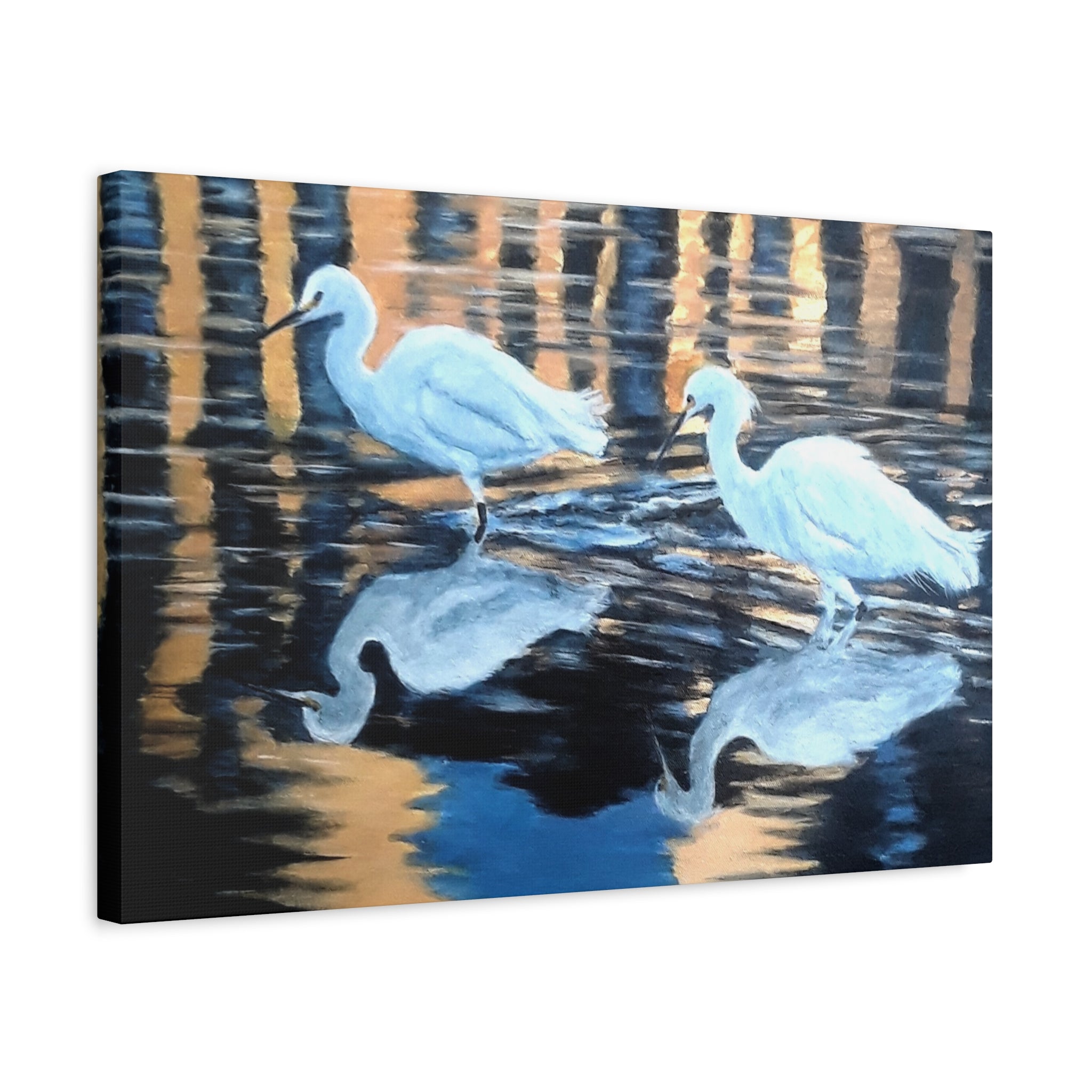 Canvas Print of 'Golden Reflections' Egrets Reflections at Sunset