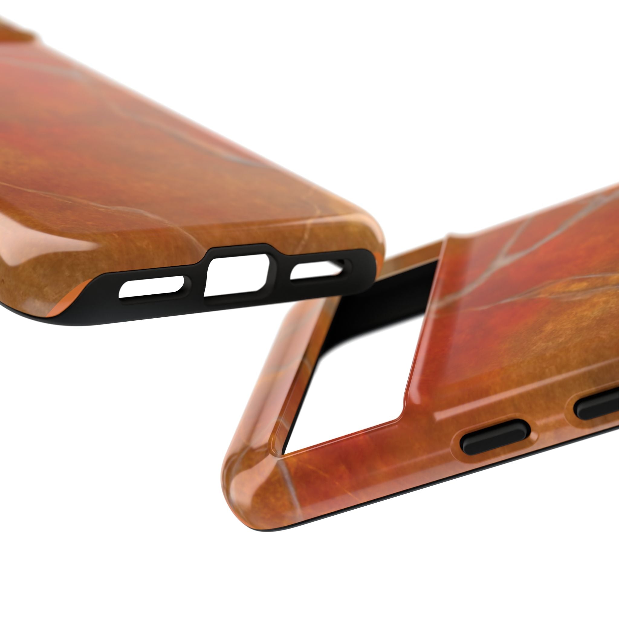 Phone case in sophisticated red orange marble design that is impact resistant tough in glossy or matte finish