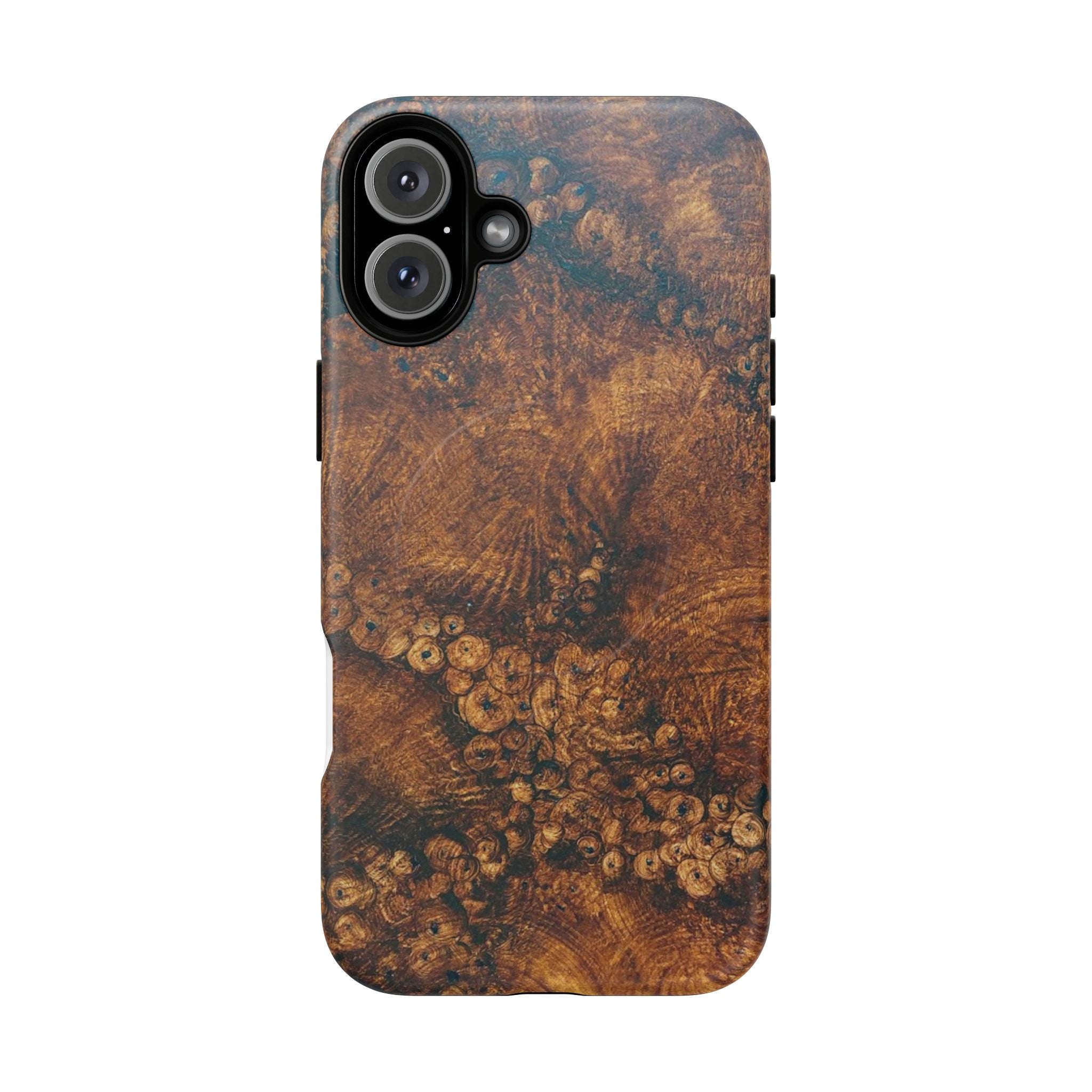 Magnetic iphone case with a natural Burl Wood Design compatible with MagSafe accessories in tough Dual Layer Shell
