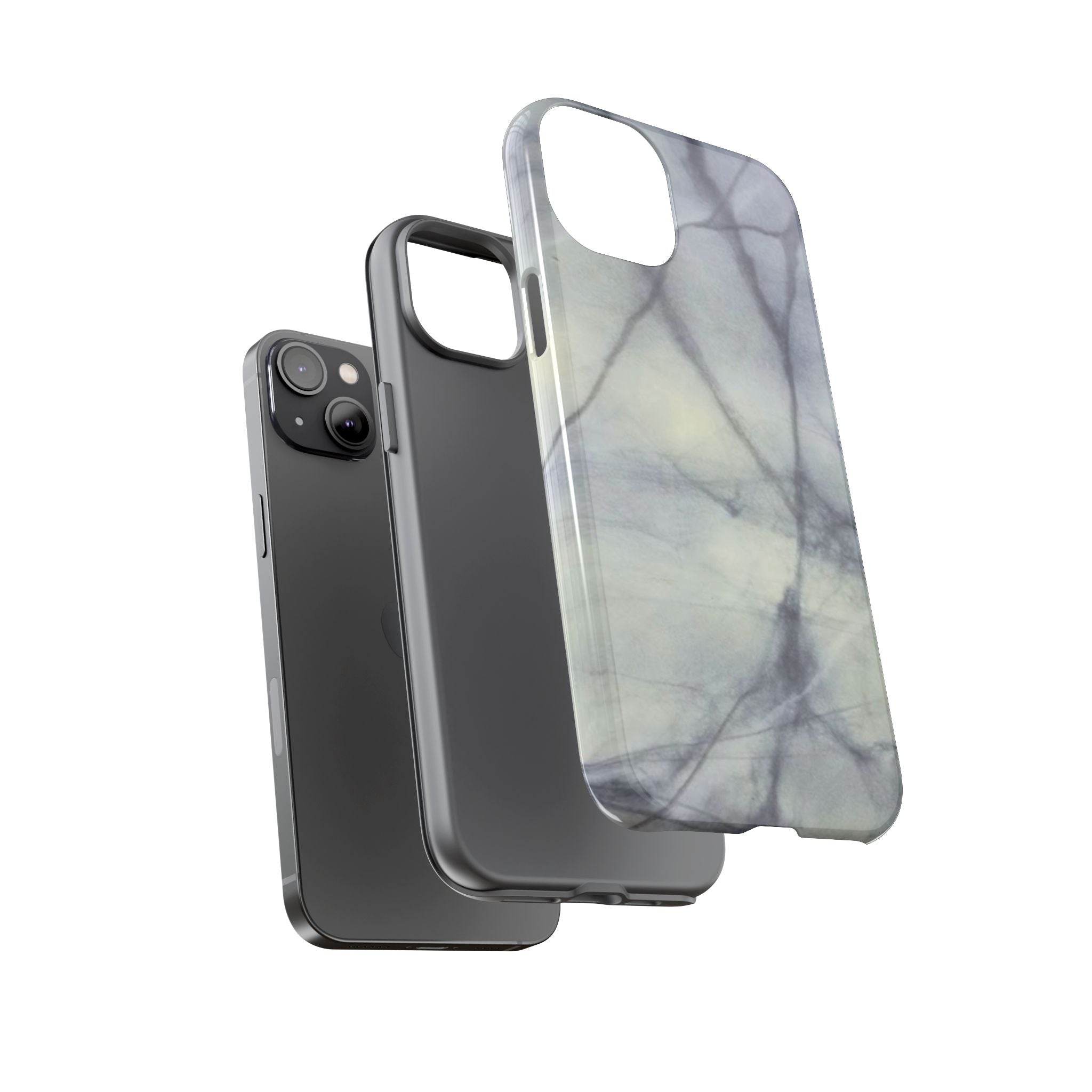 Phone case in impressive grey marble design with shock absorbing dual layer shell and UV resistance in 3D wrap