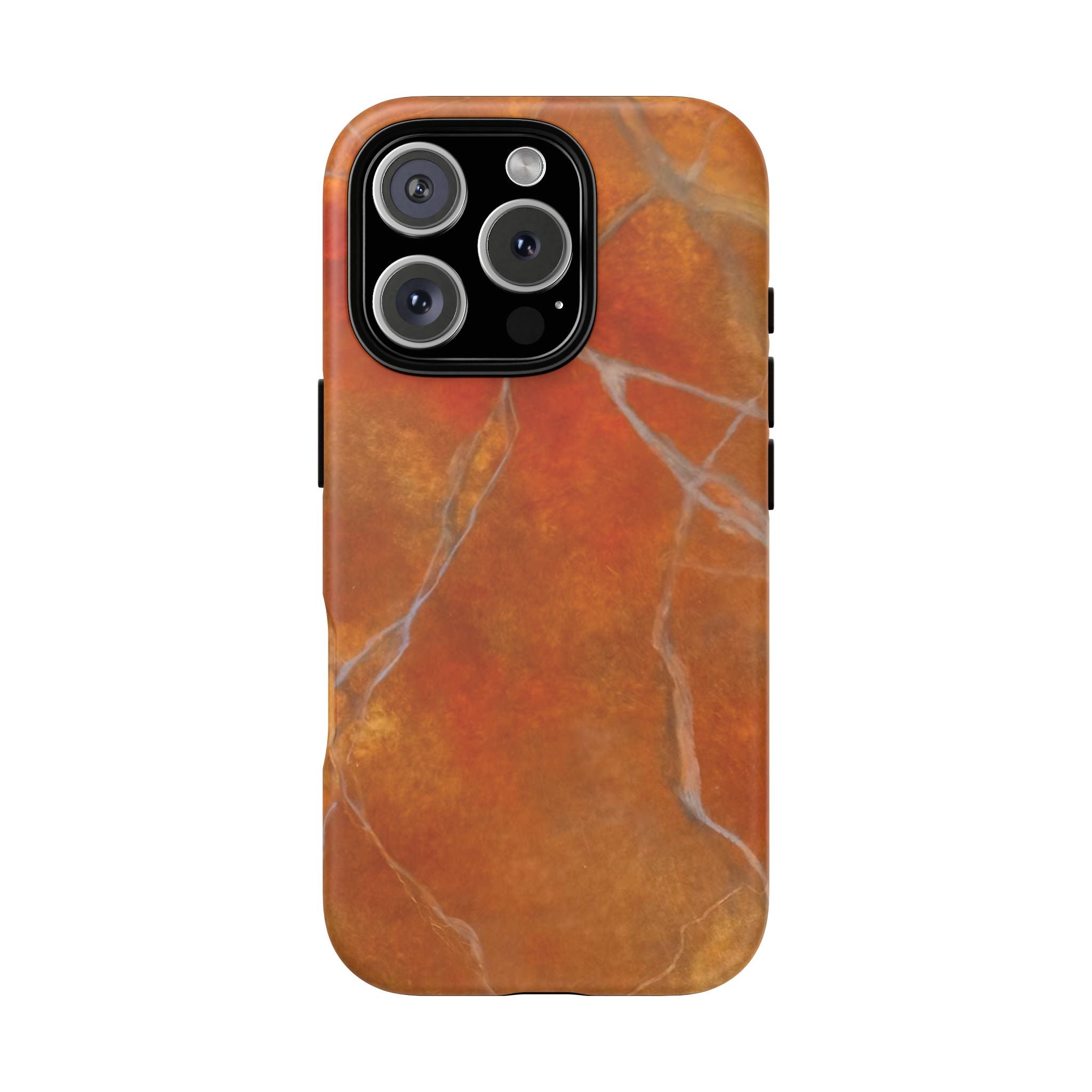 Phone case in sophisticated red orange marble design that is impact resistant tough in glossy or matte finish