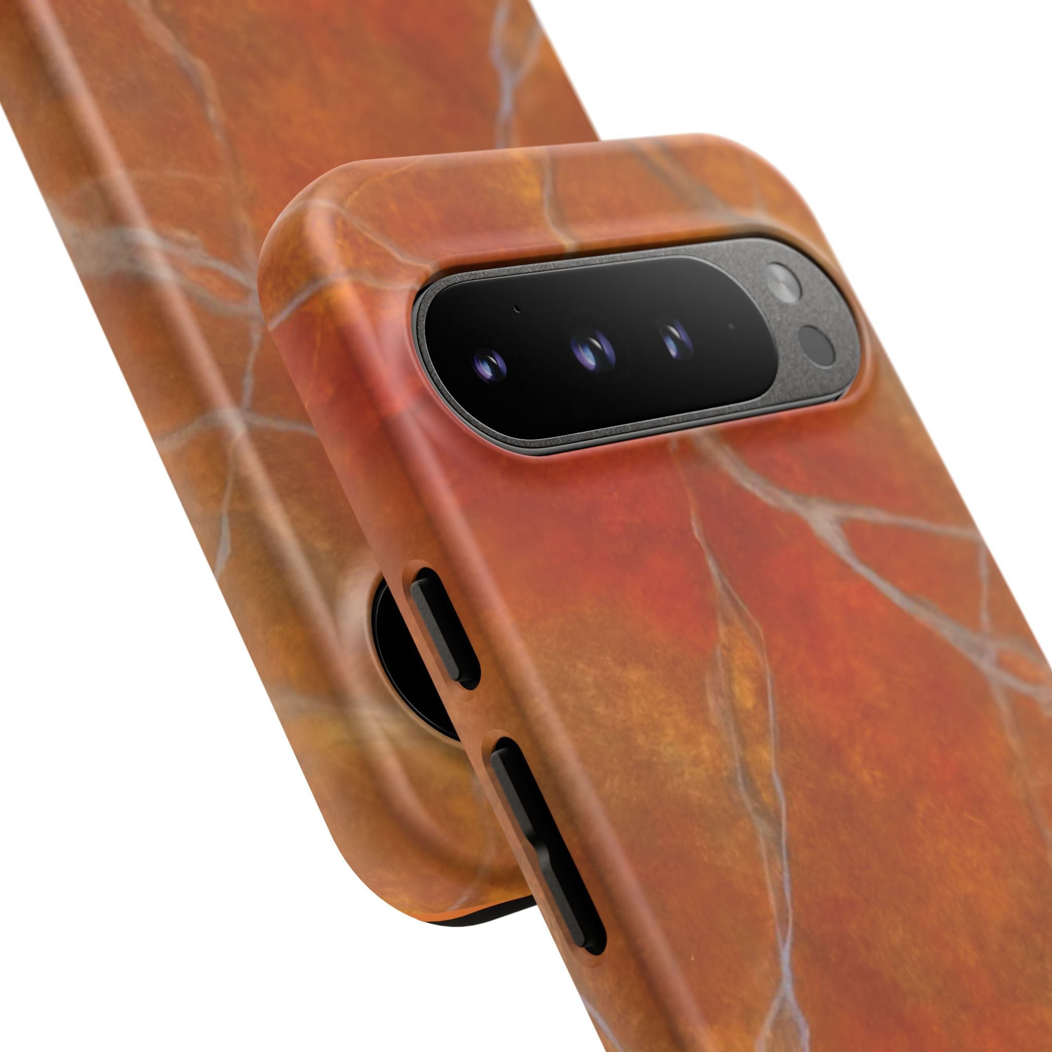 Phone case in sophisticated red orange marble design that is impact resistant tough in glossy or matte finish