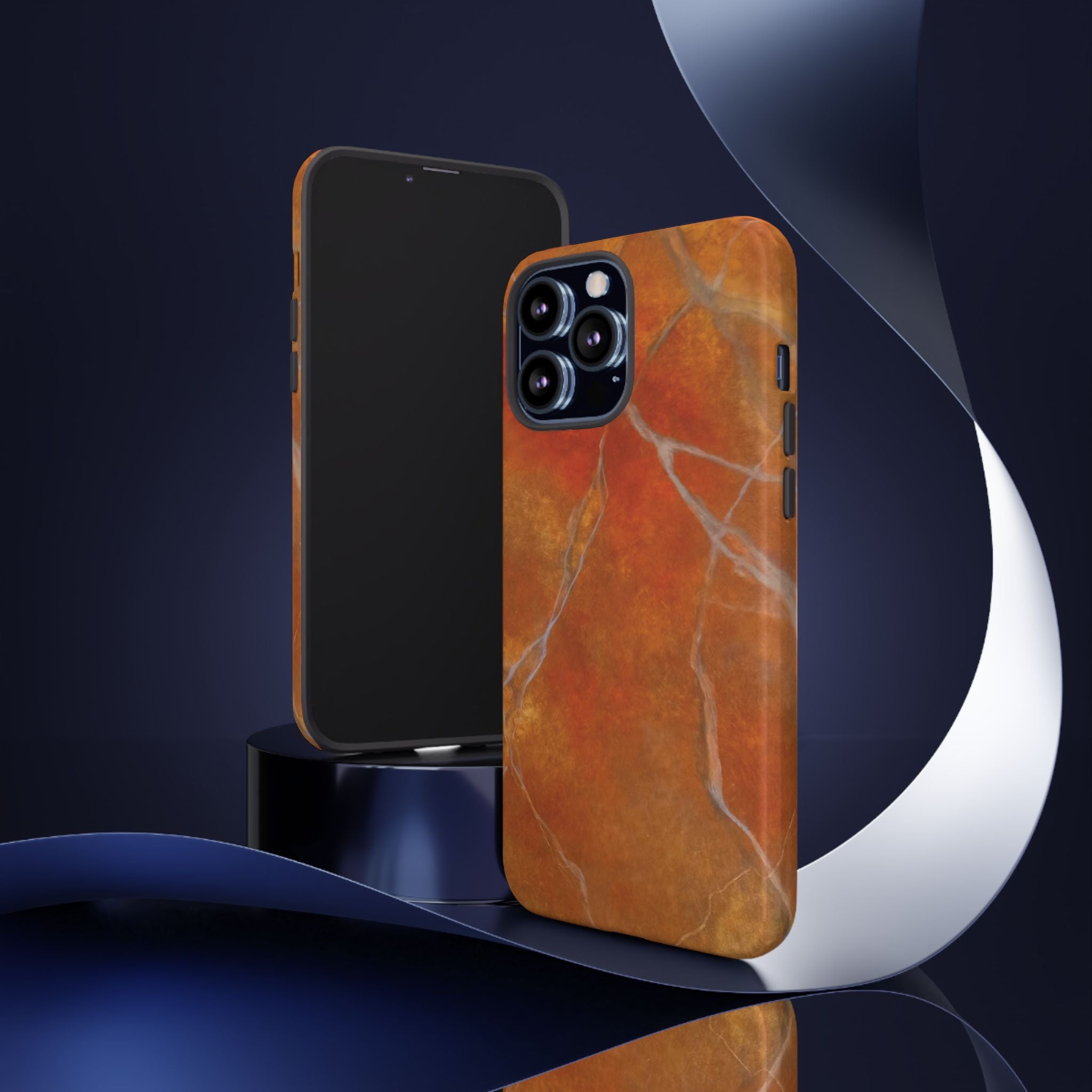 Phone case in sophisticated red orange marble design that is impact resistant tough in glossy or matte finish