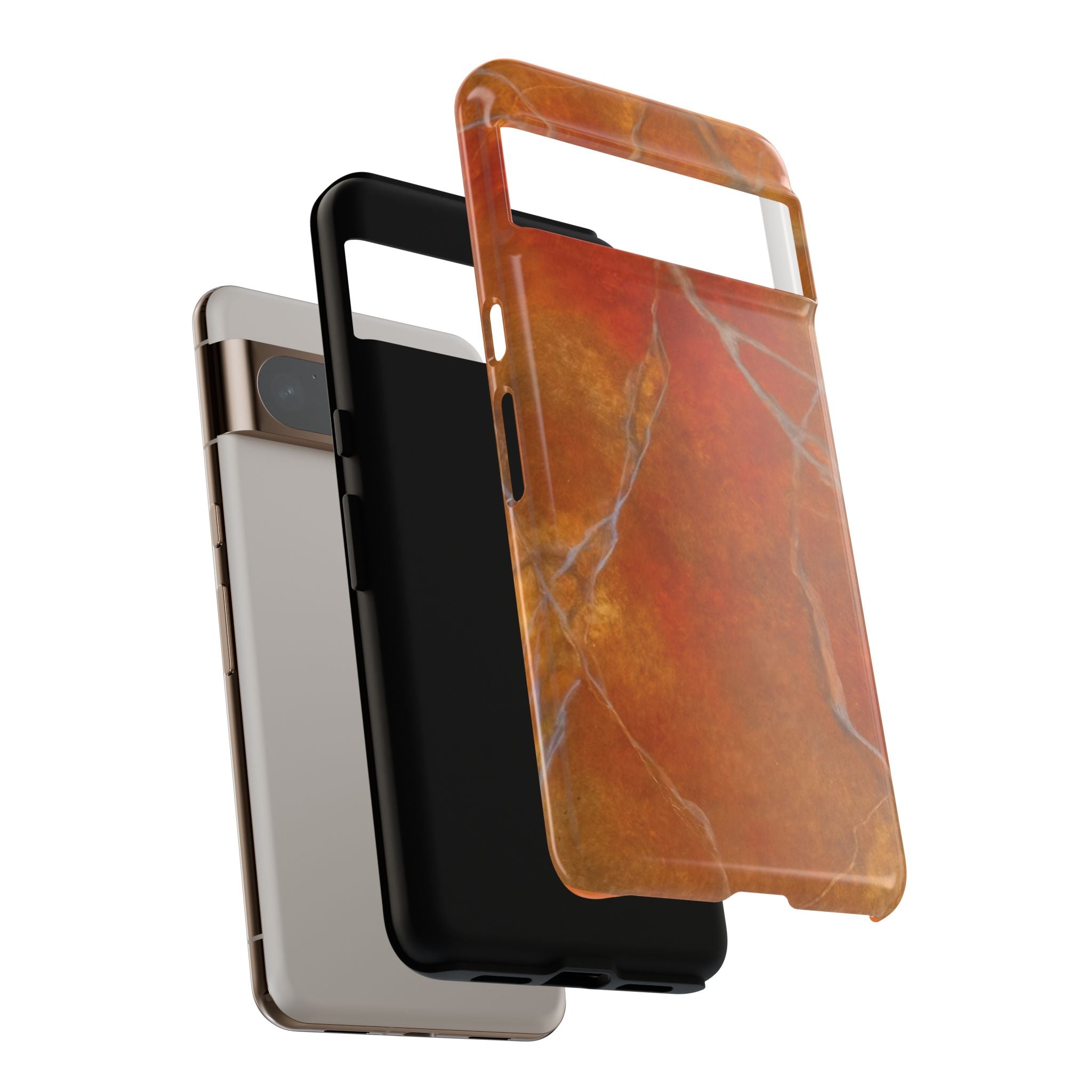 Phone case in sophisticated red orange marble design that is impact resistant tough in glossy or matte finish