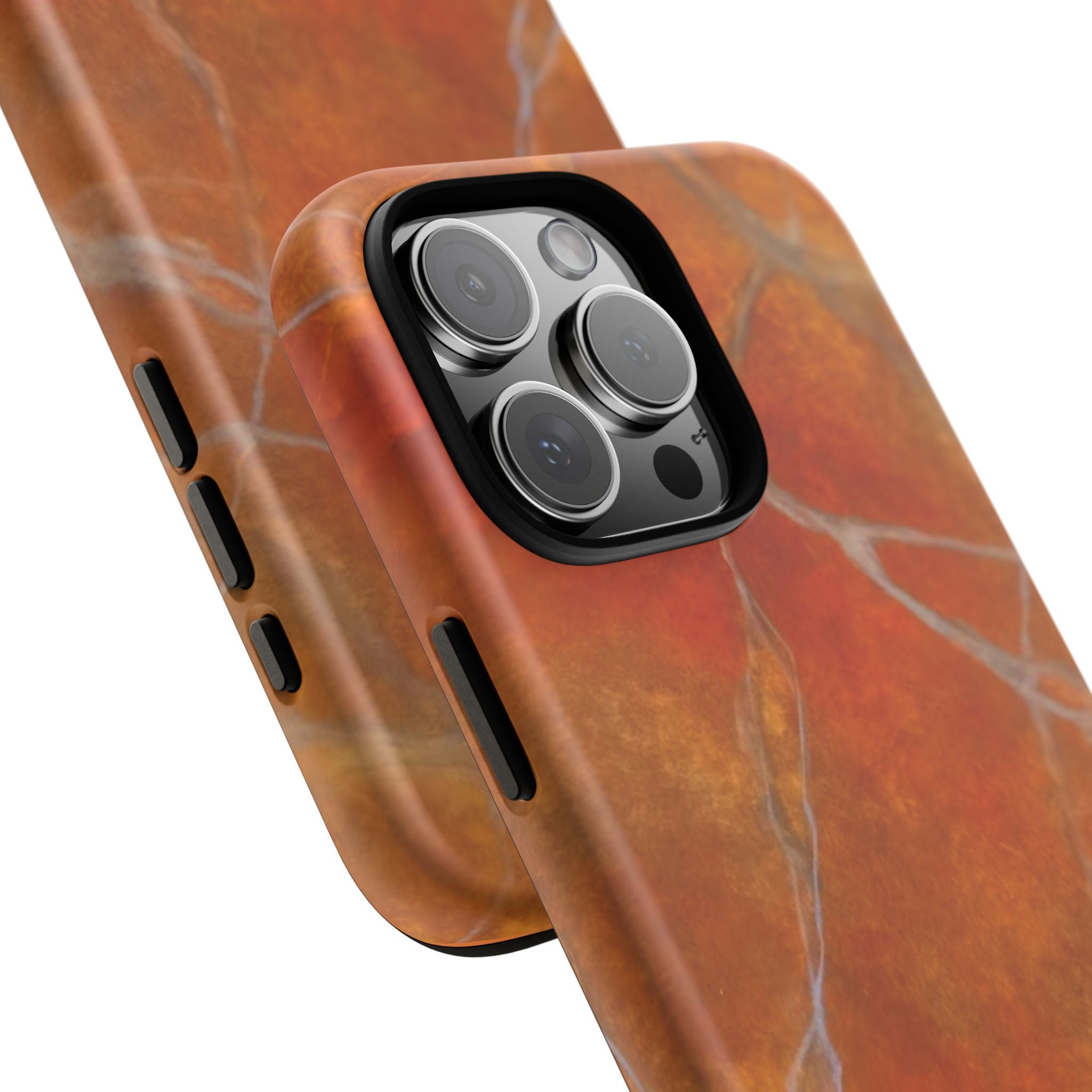 Phone case in sophisticated red orange marble design that is impact resistant tough in glossy or matte finish