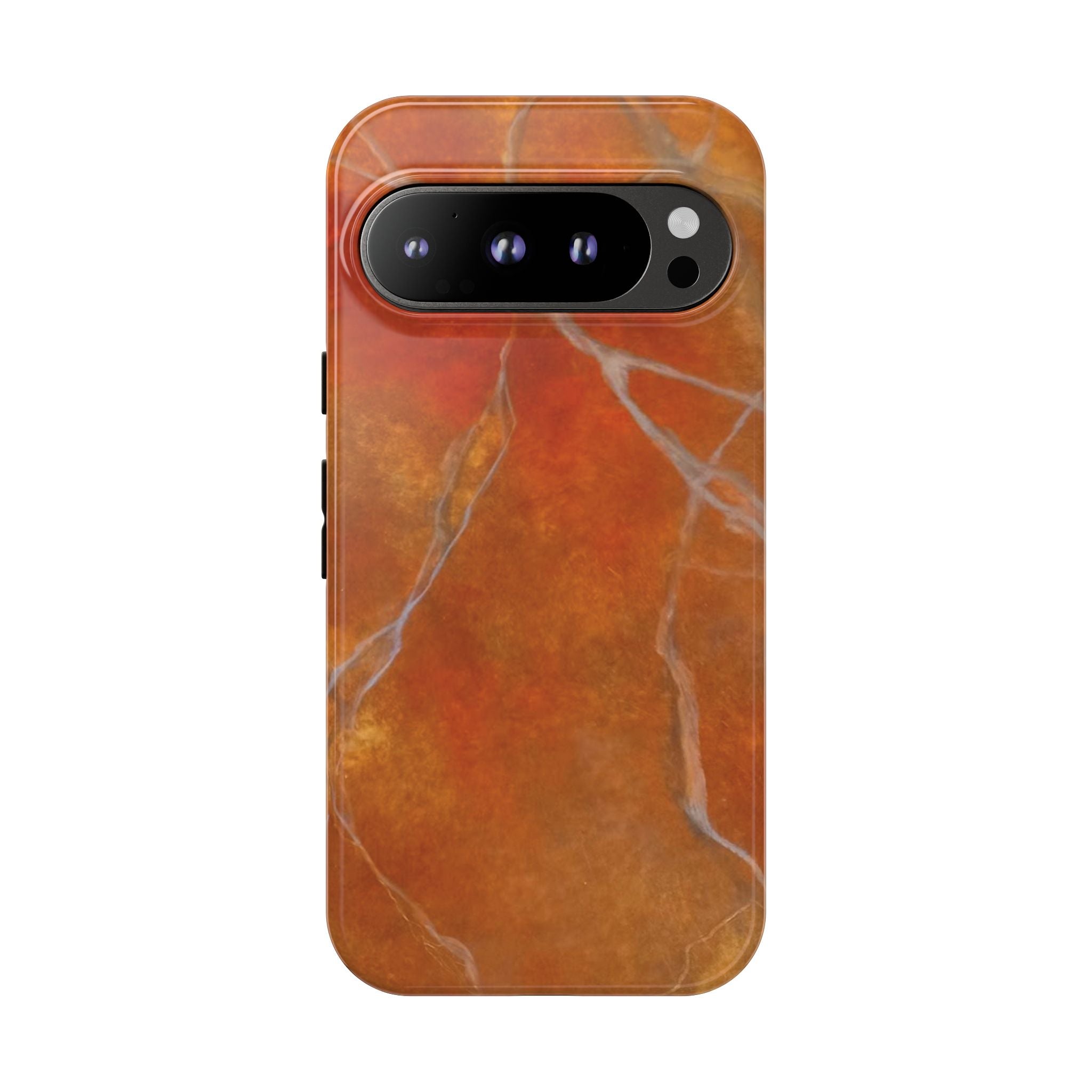 Phone case in sophisticated red orange marble design that is impact resistant tough in glossy or matte finish