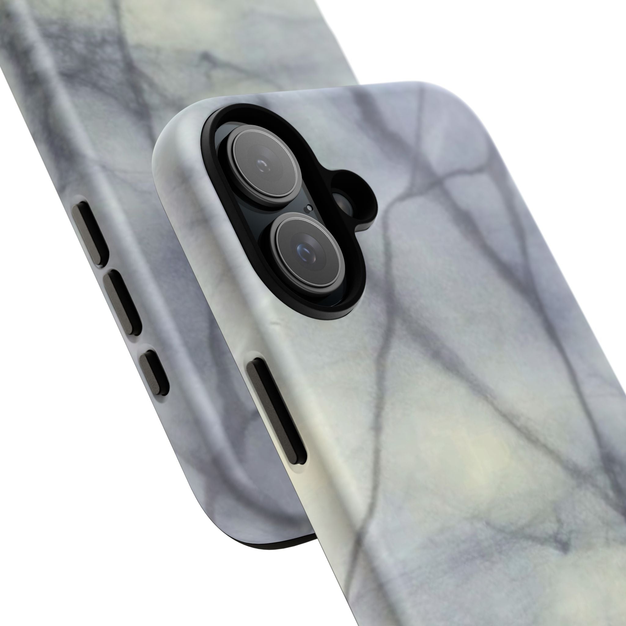 Phone case in impressive grey marble design with shock absorbing dual layer shell and UV resistance in 3D wrap